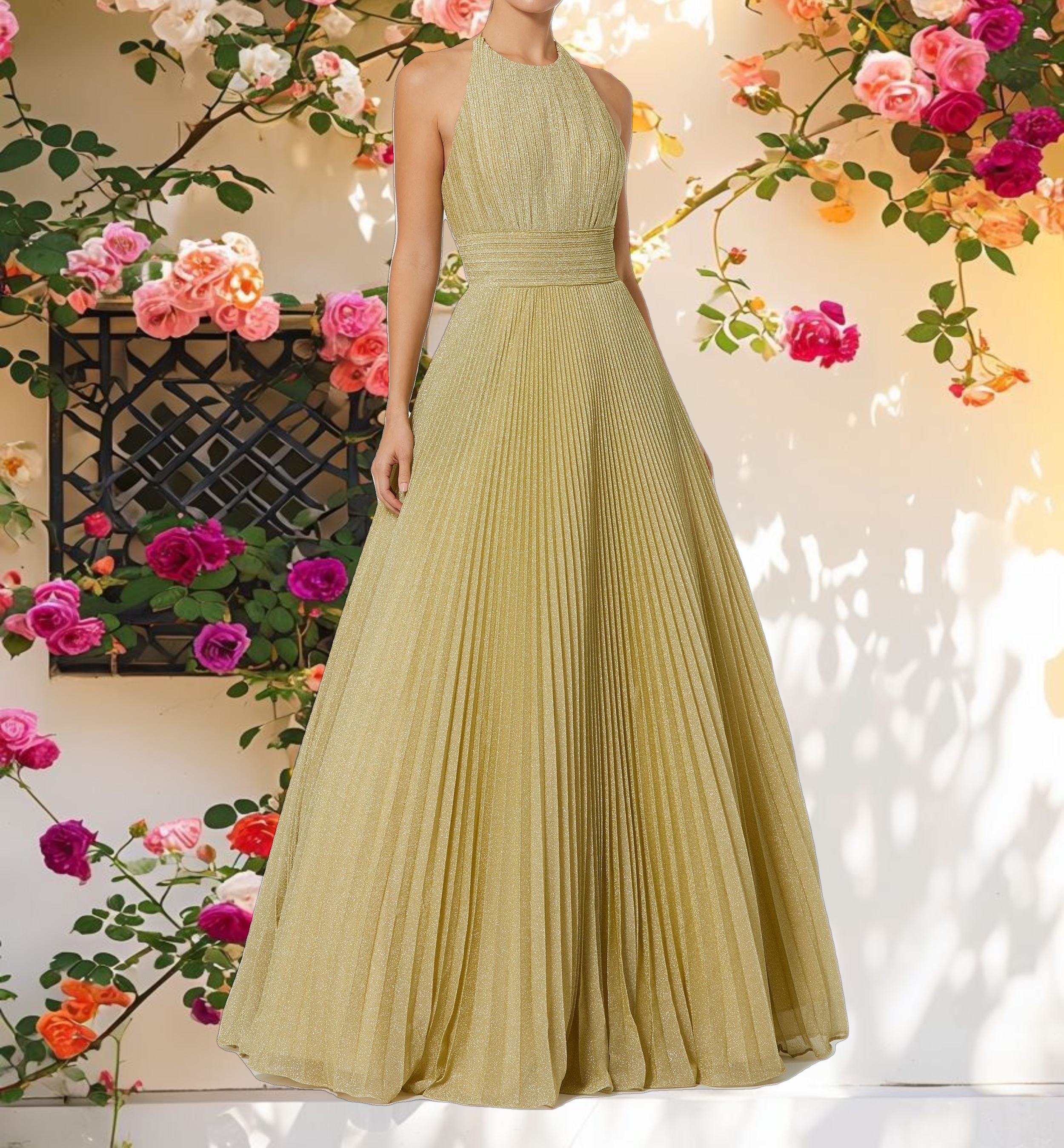 Shimmering Pleated High Neck Gown