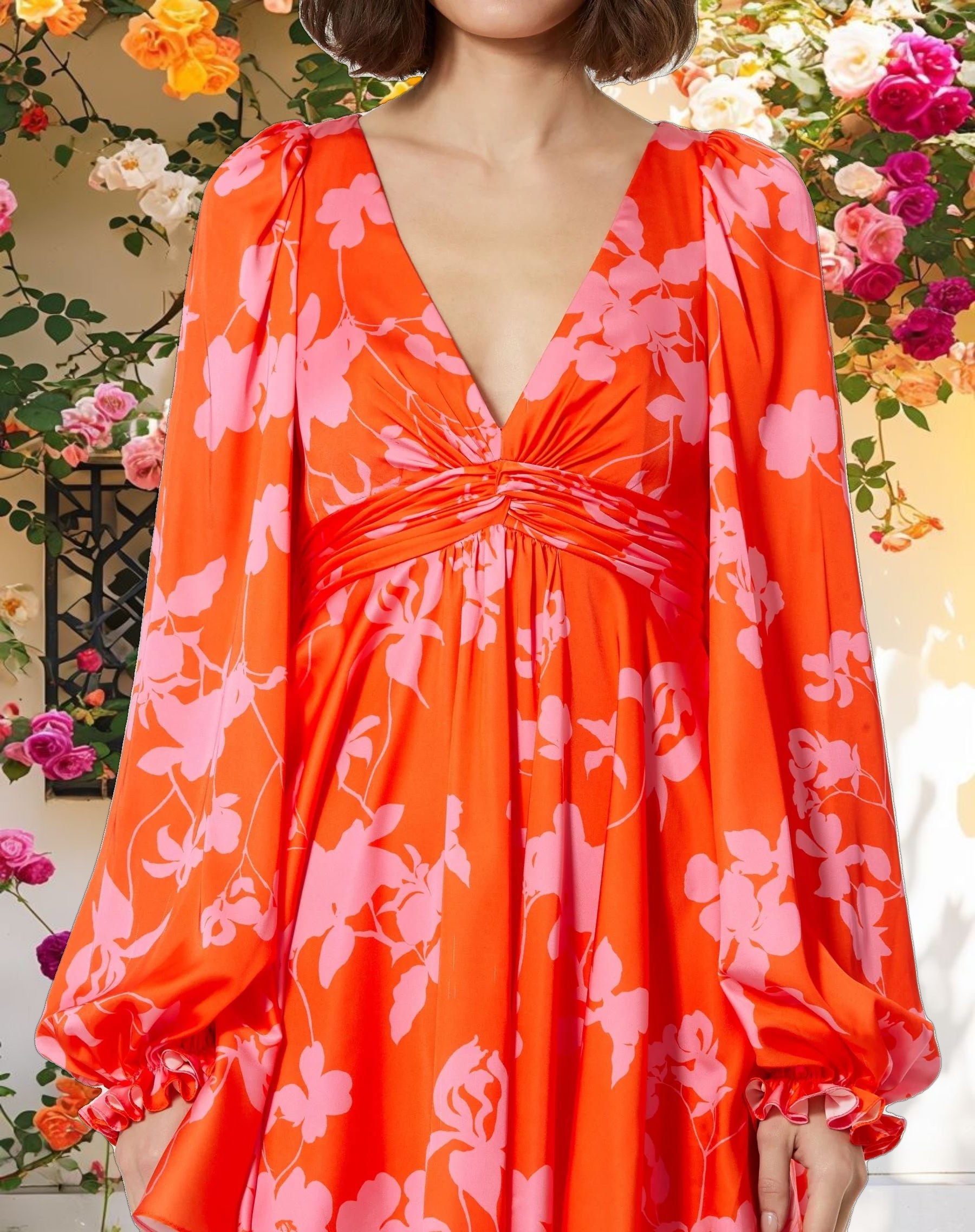 Printed Charmeuse Bishop Sleeve V Neck Mini Dress