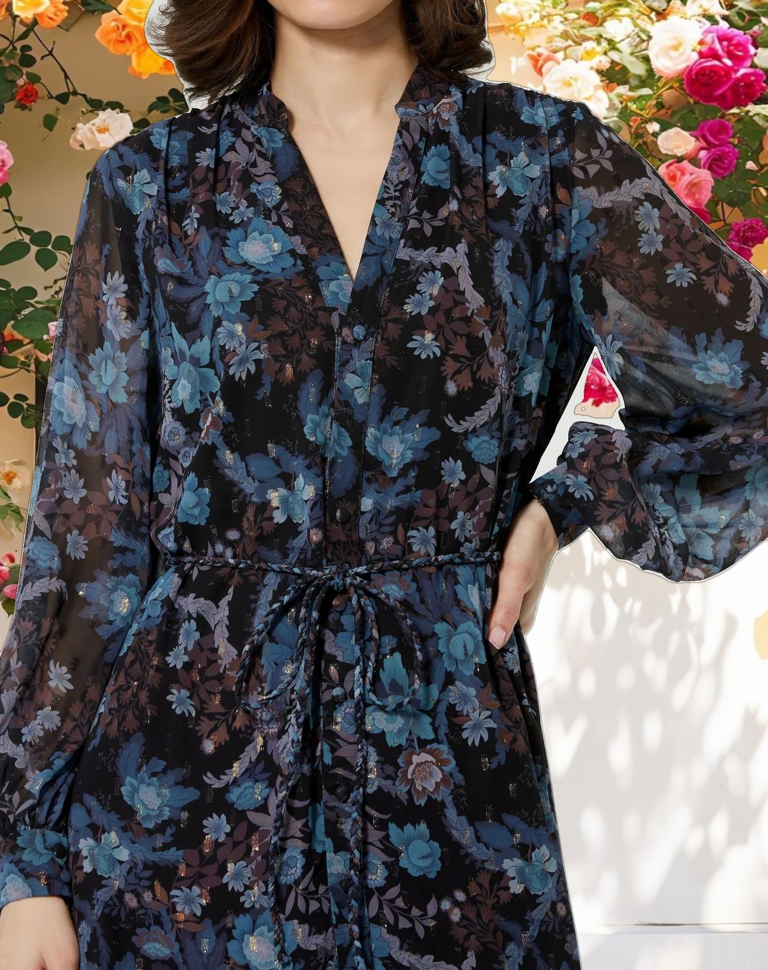 Shimmering Chiffon Bishop Sleeve Dress