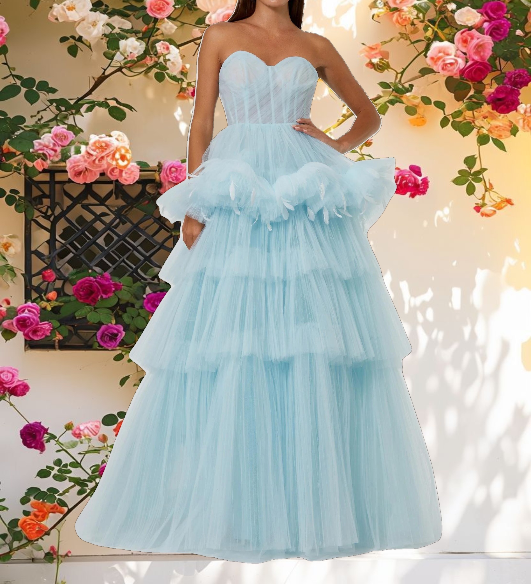 Blue Tulle Gown with Feather Detail