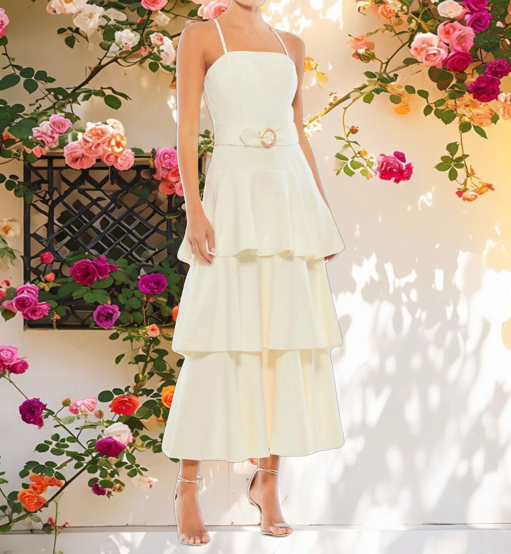 Belted Tiered Ruffle Sleeveless Midi Dress
