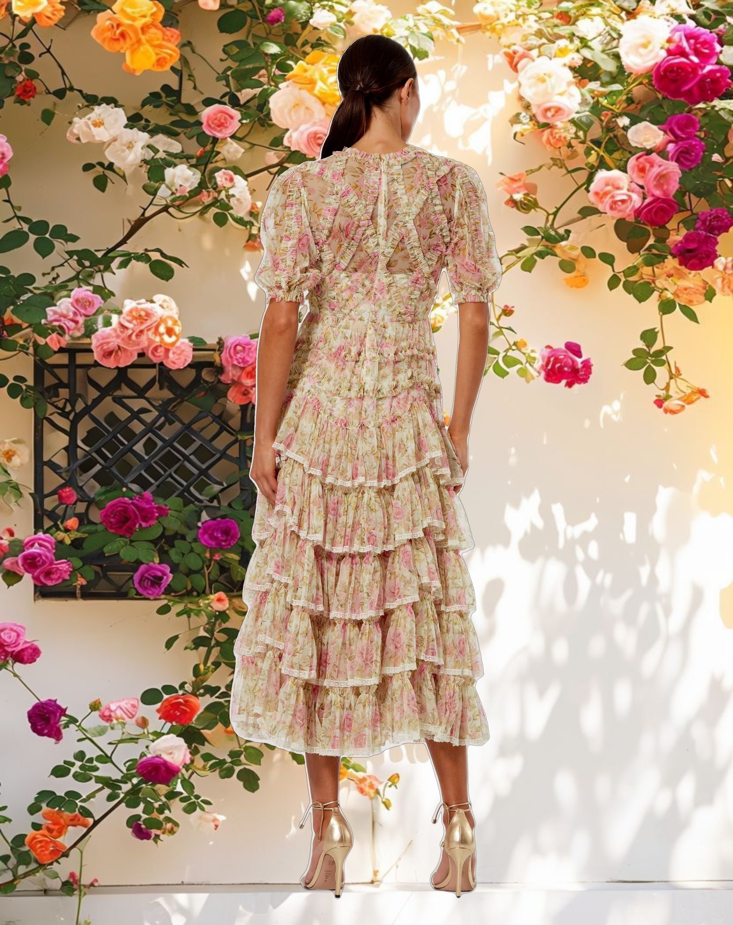 Beige Lace Trim Printed Mesh High Neck Midi Dress