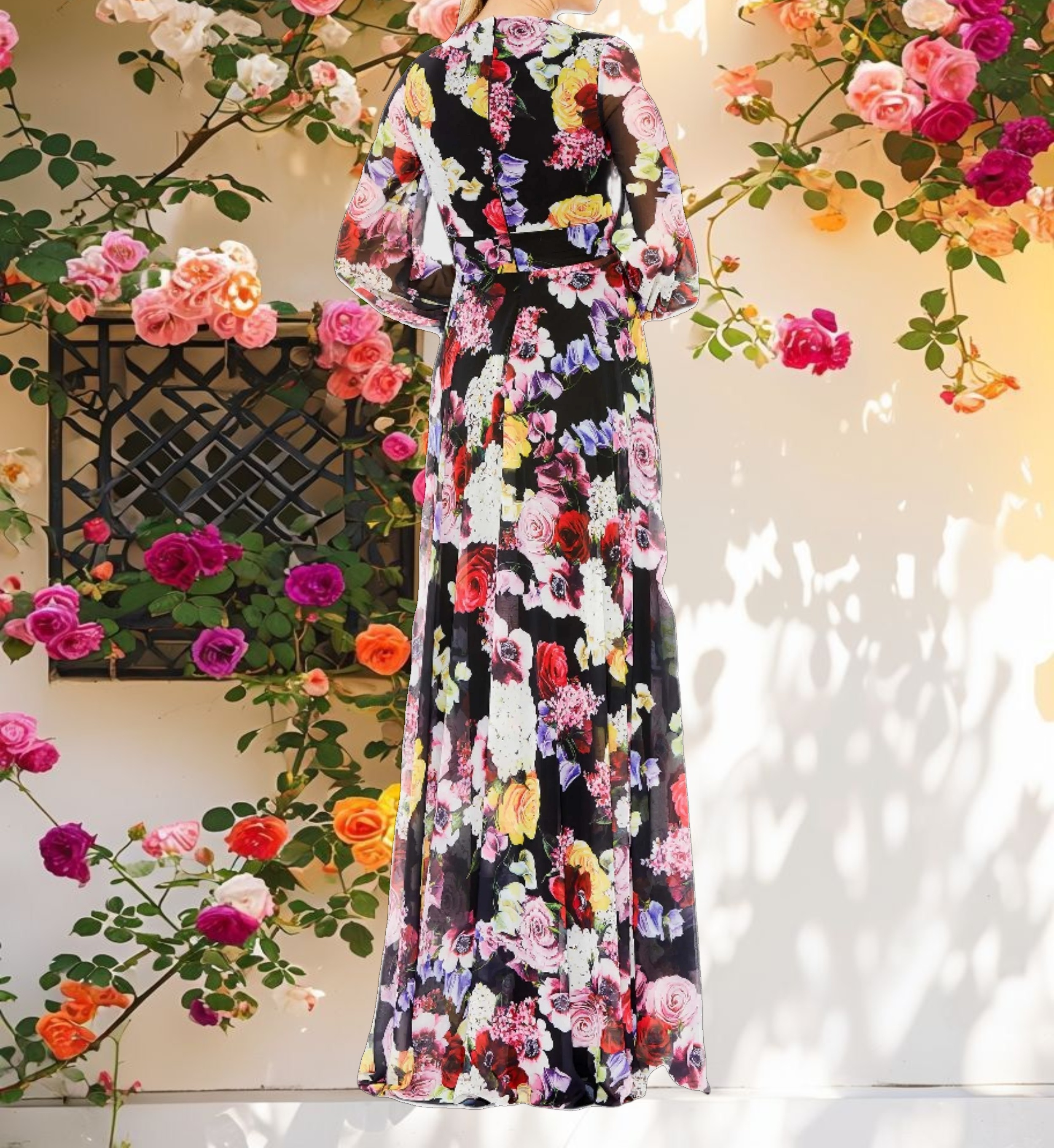 Floral Pattern Long Sleeve V Neck Dress