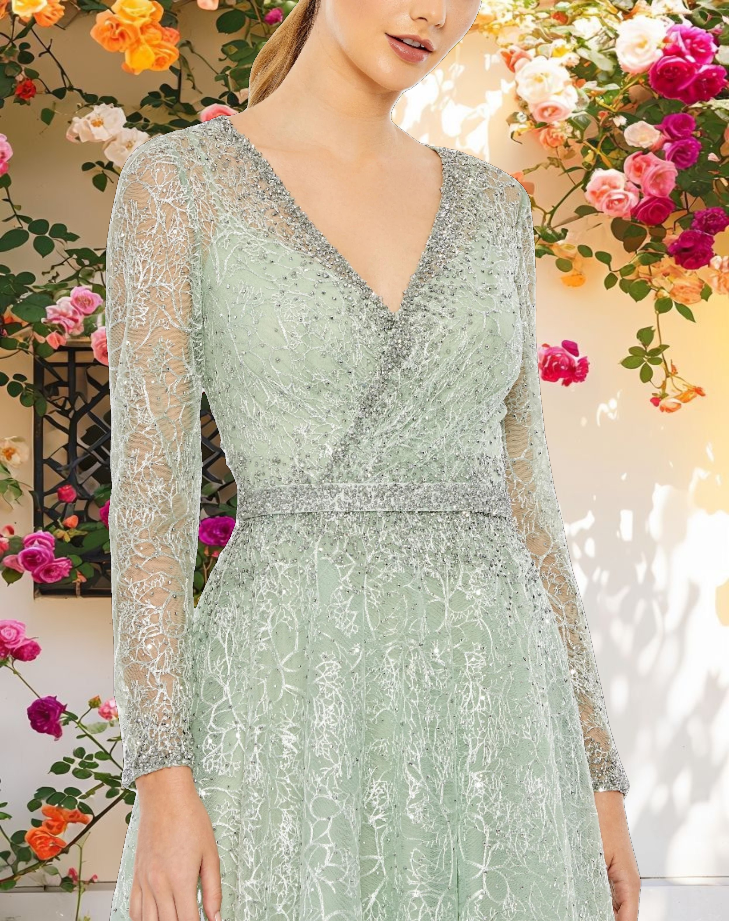 Stitched Decorated Wrap Over Long Sleeve Midi Dress