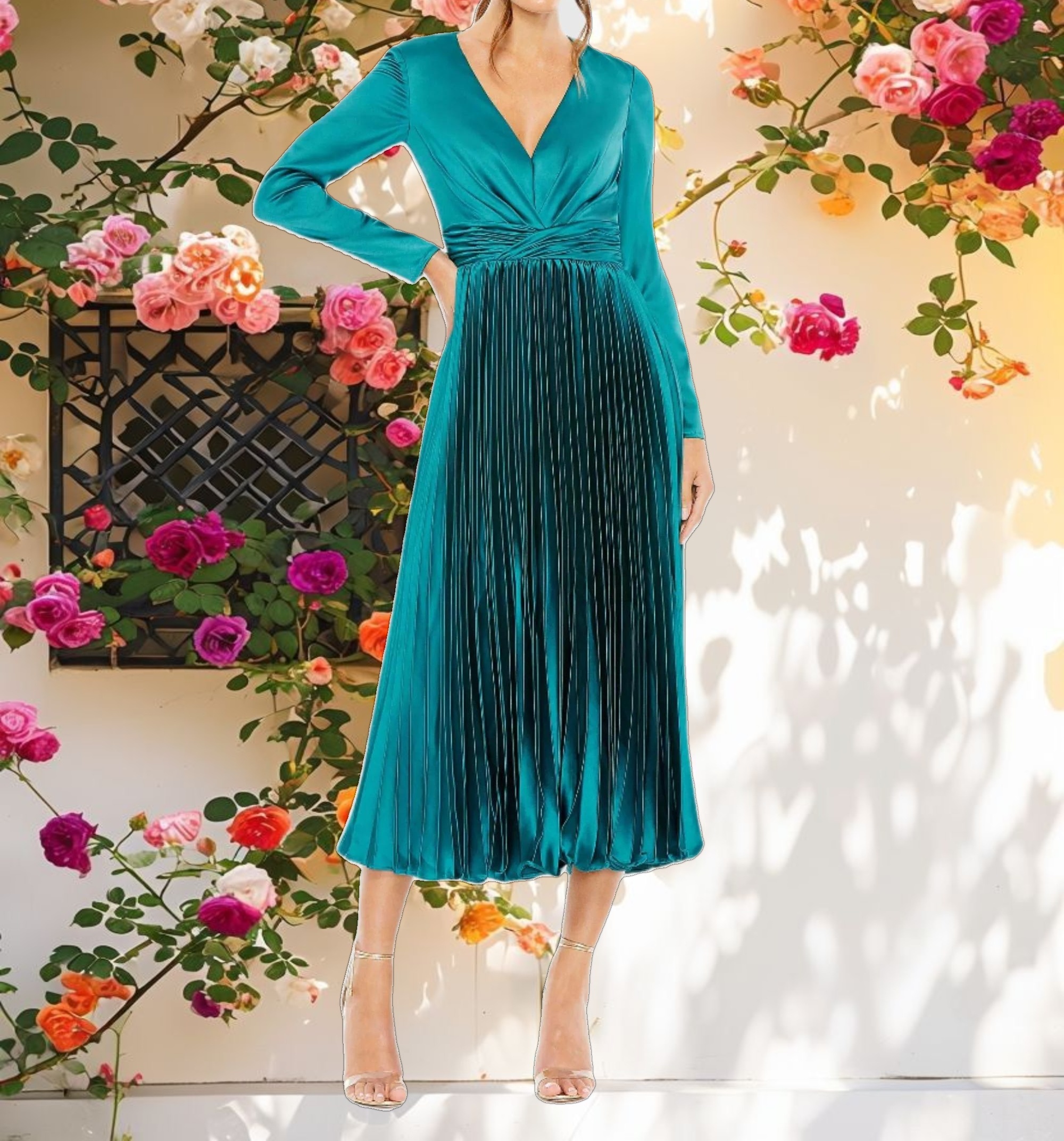 Pleated Long Sleeve V-Neck Dress