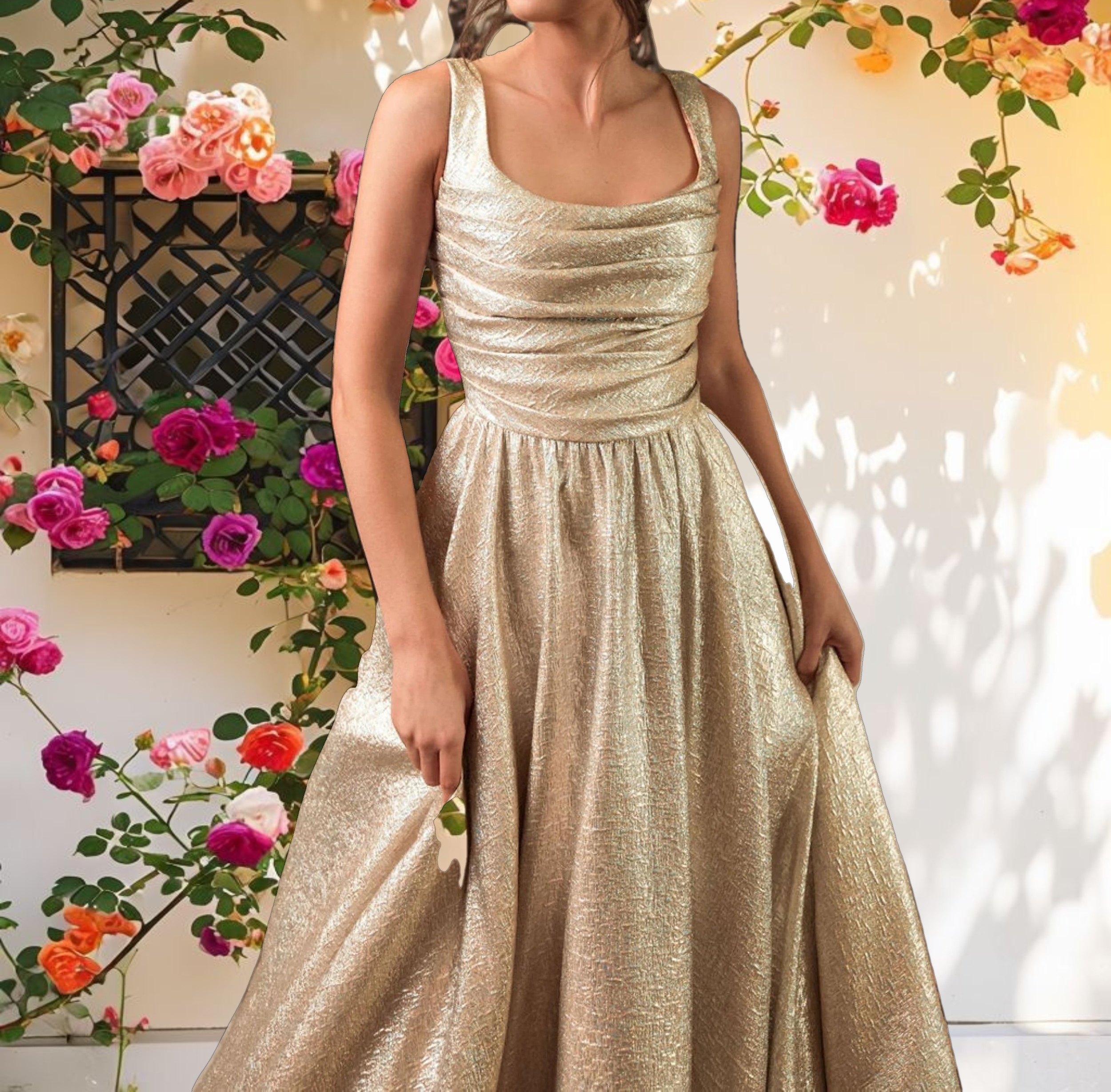 Gold Metallic Pleated Bodice Ballgown