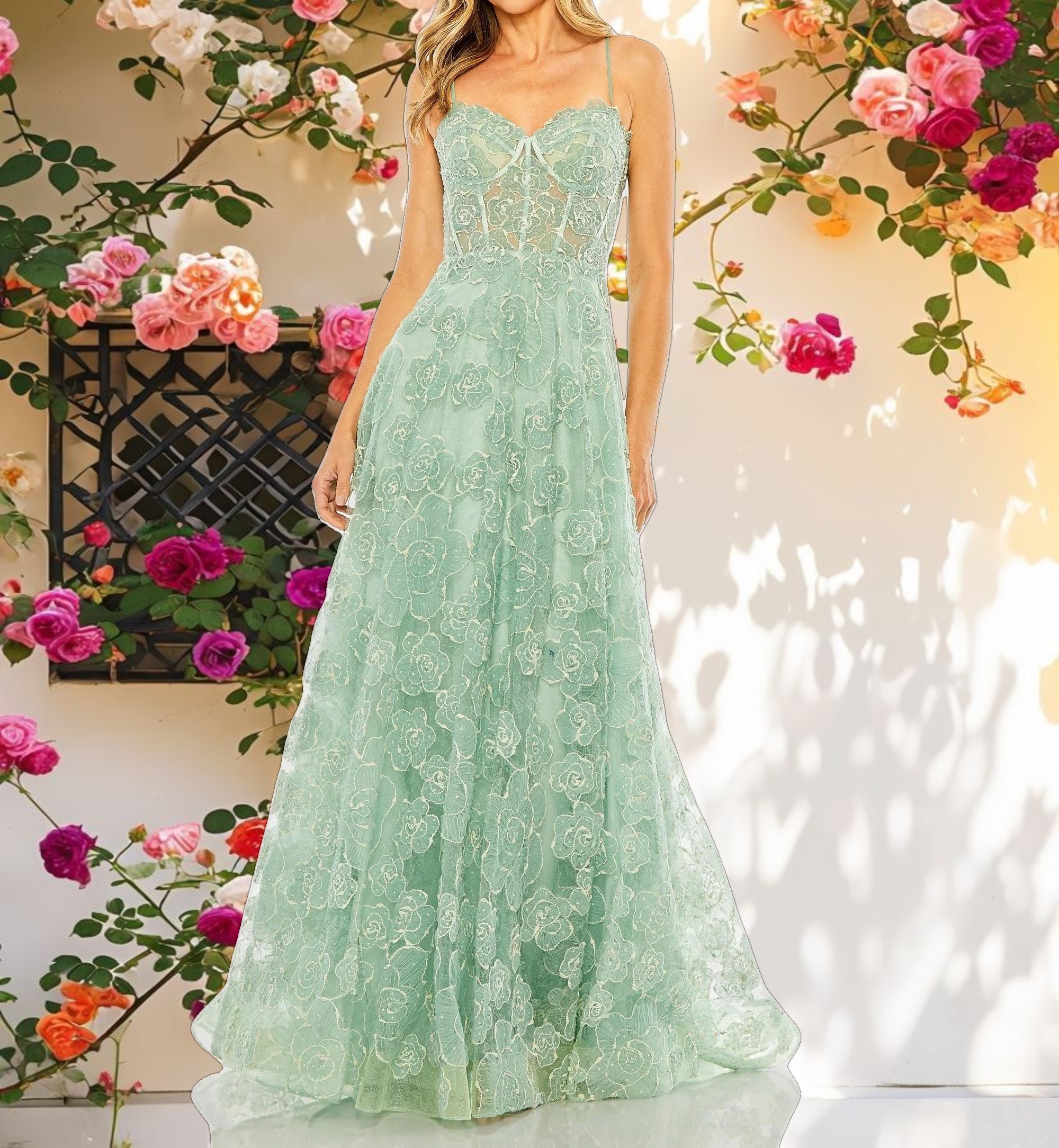 Green Embroidered Sweetheart A-Line Dress