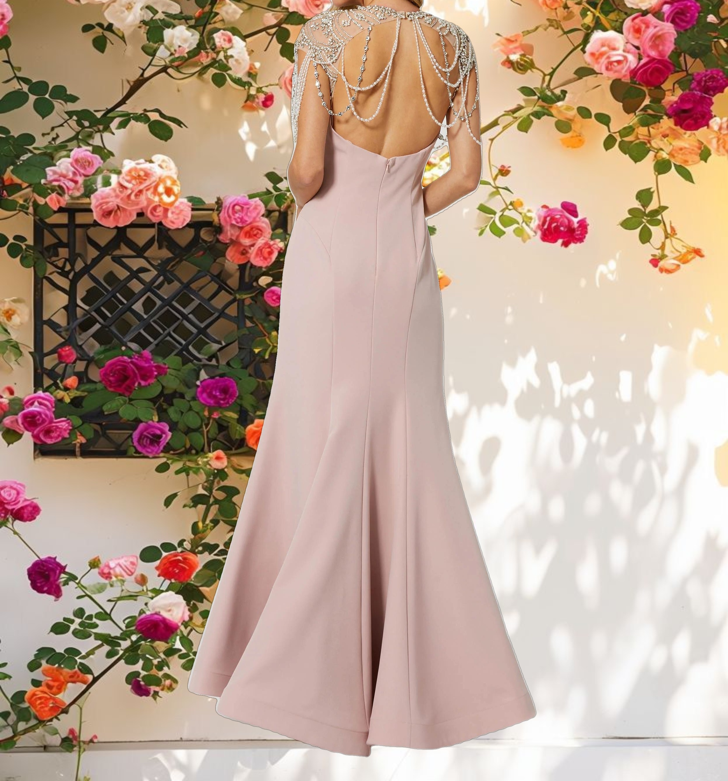 Pink Draped Pearl Beaded Mermaid Gown