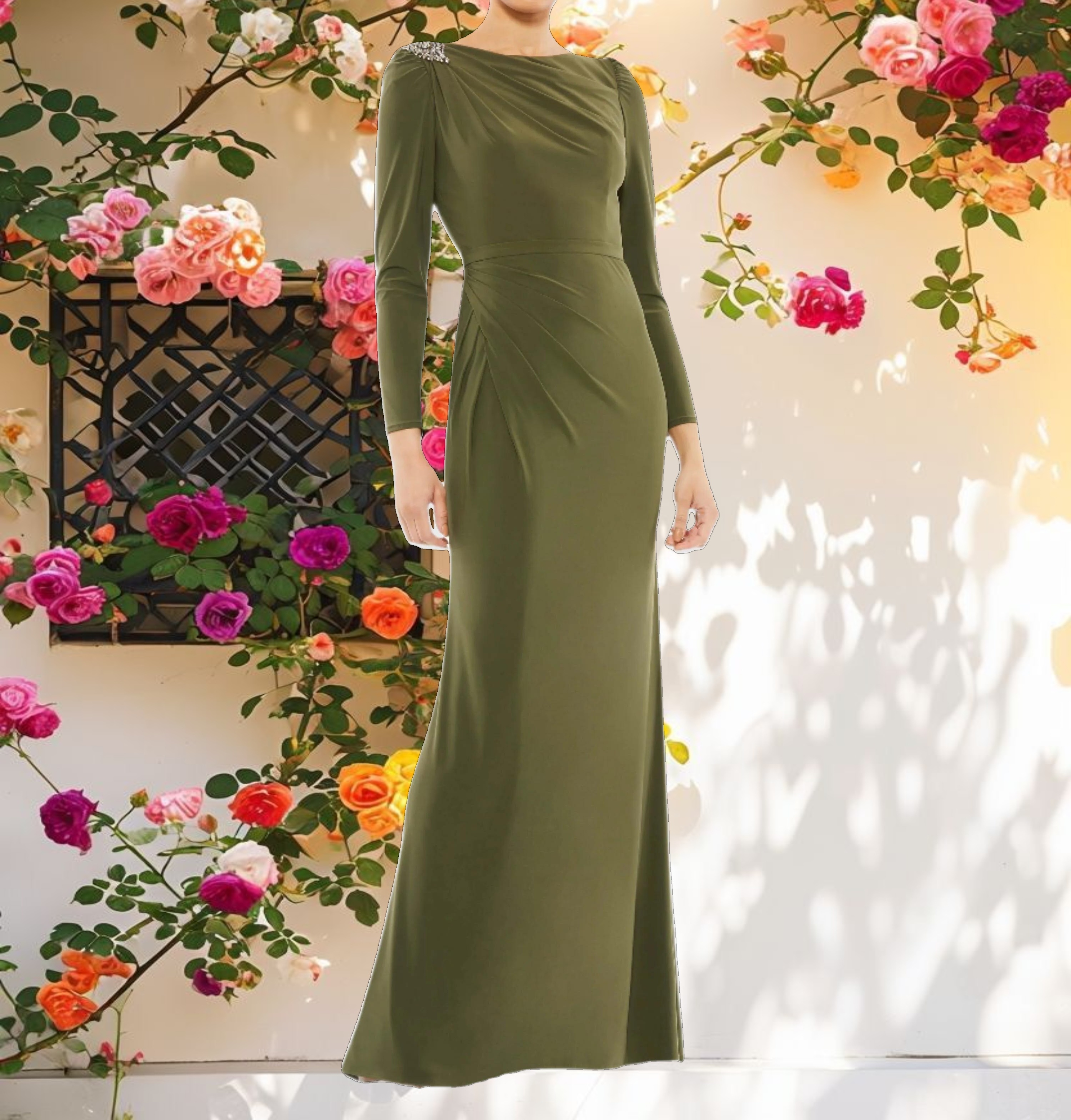 Draped Bateau Long Sleeve Trumpet Gown