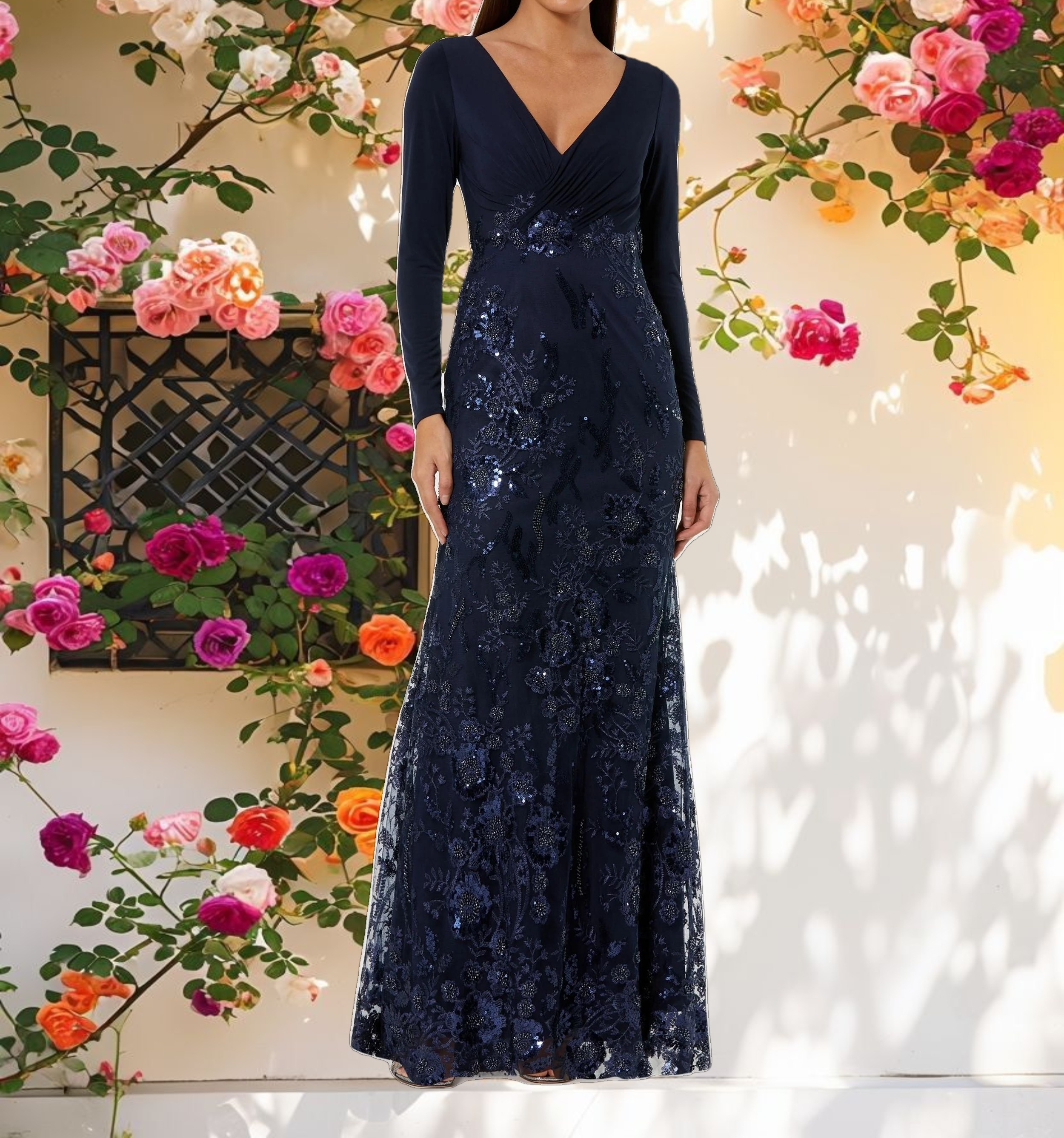 Blue Decorated Long Sleeve Wrap Over Trumpet Dress