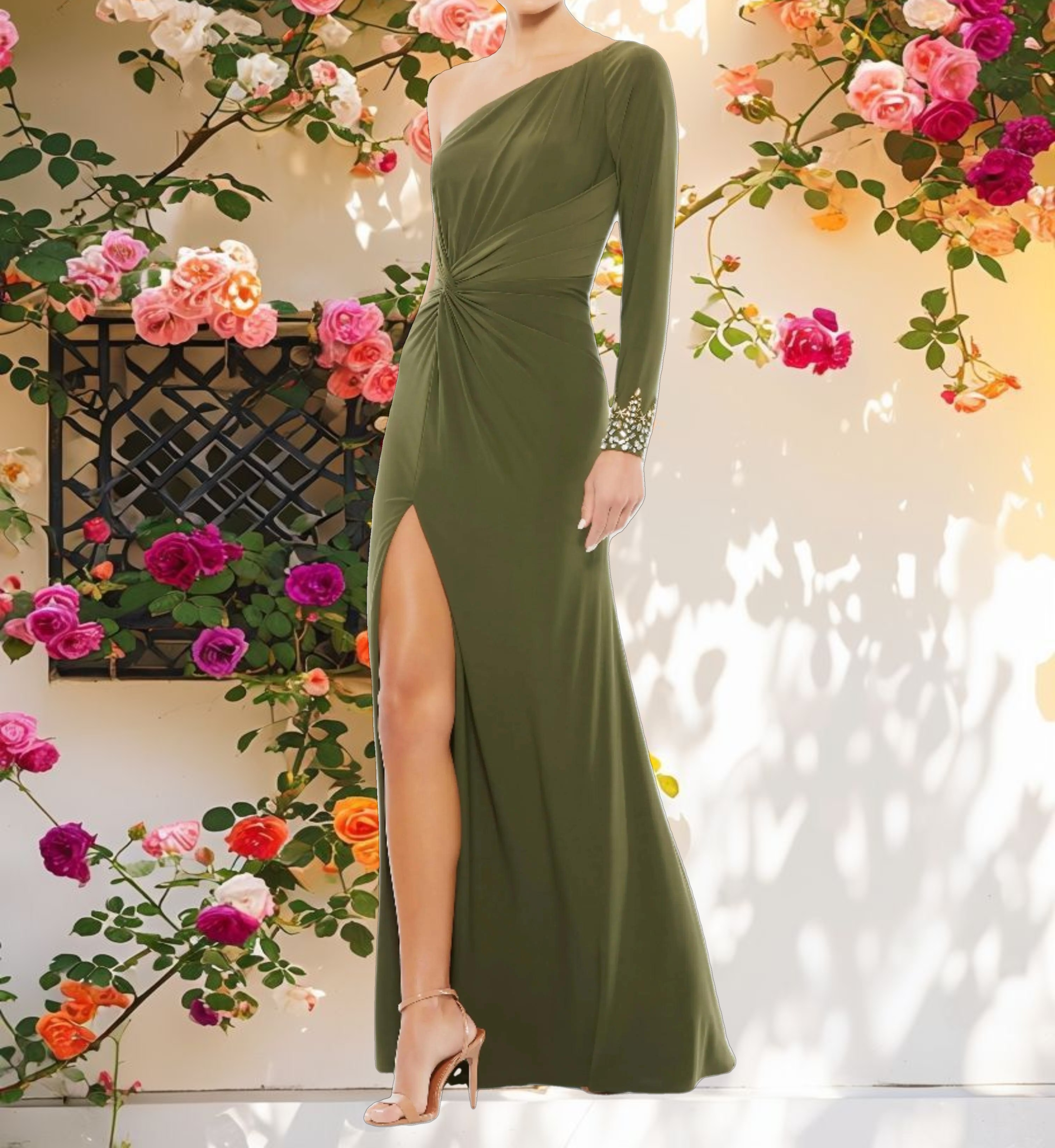 One Sleeve Beaded Cuff Side Twist Gown