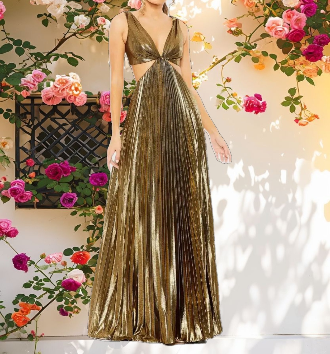 Metallic Pleated Cutout Dress