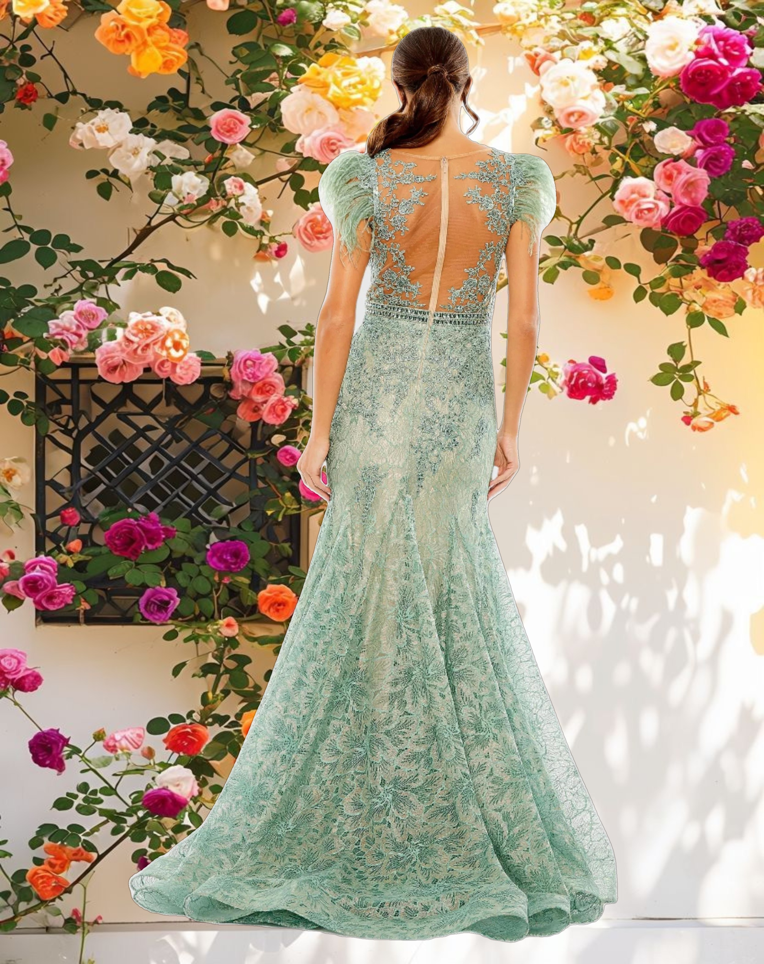 Stitched Feather Sleeve Gown