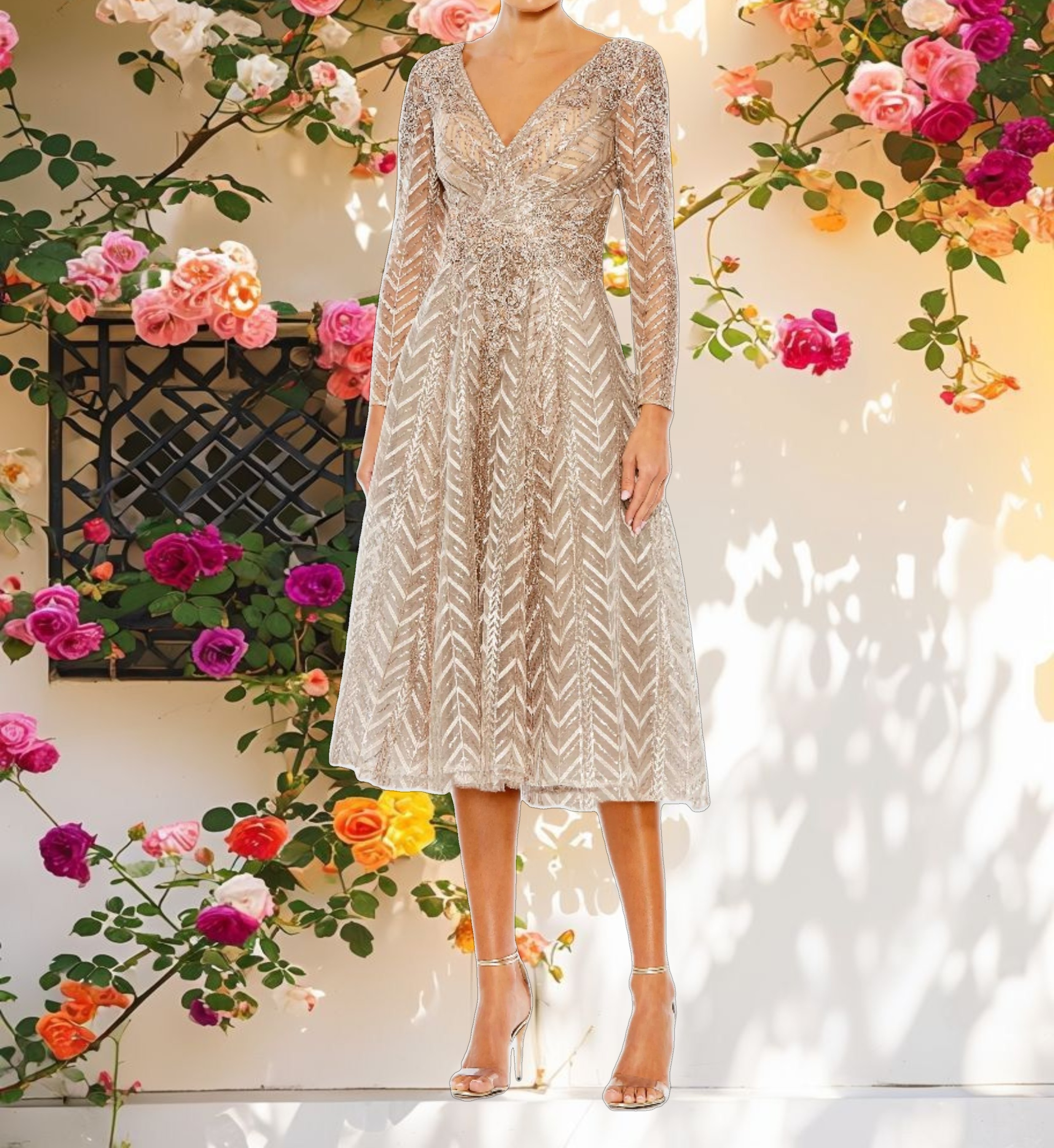 Embellished Long Sleeve Wrap Over Dress