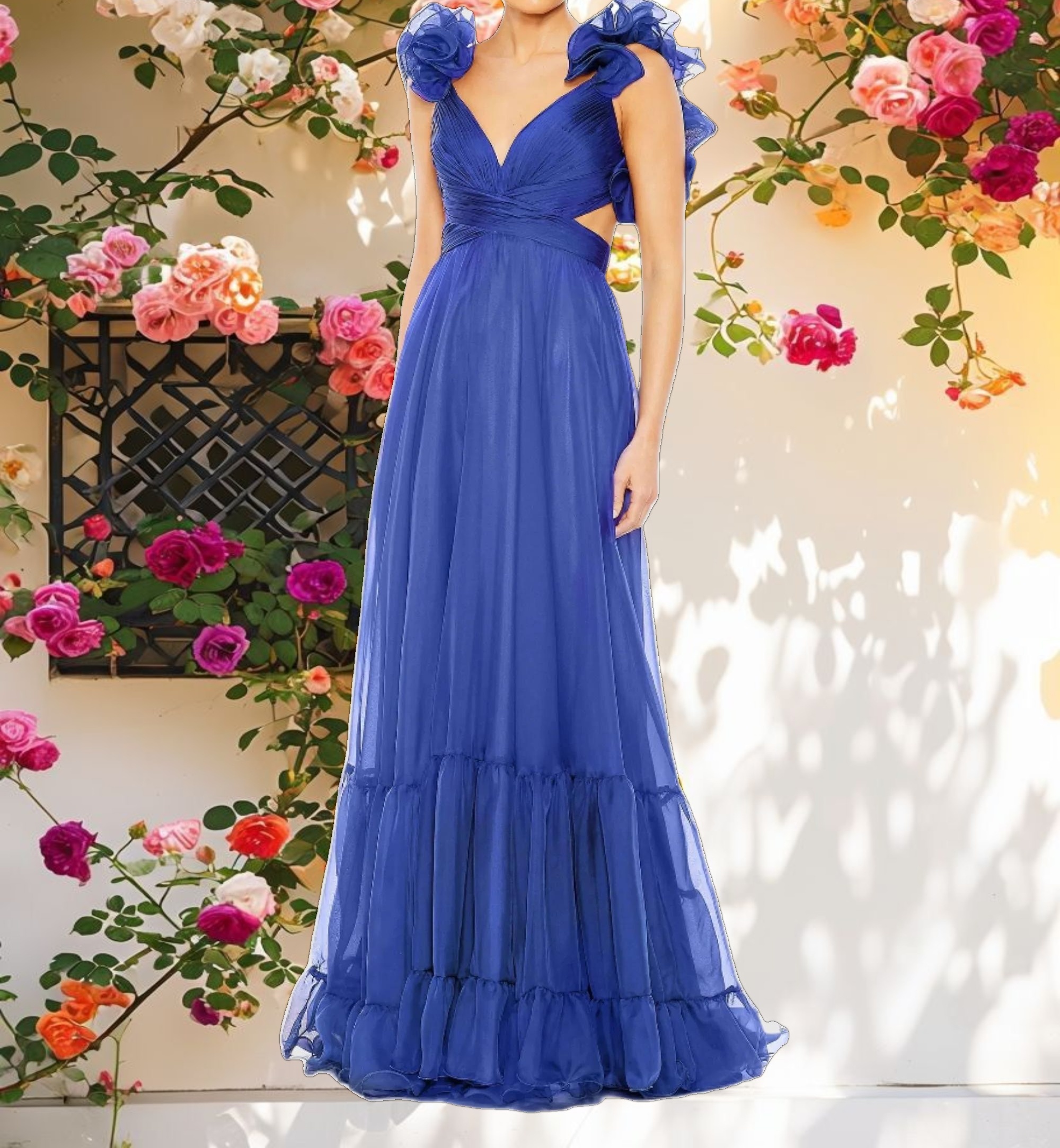 Blue Ruffle Tiered Cut Out Chiffon Gown