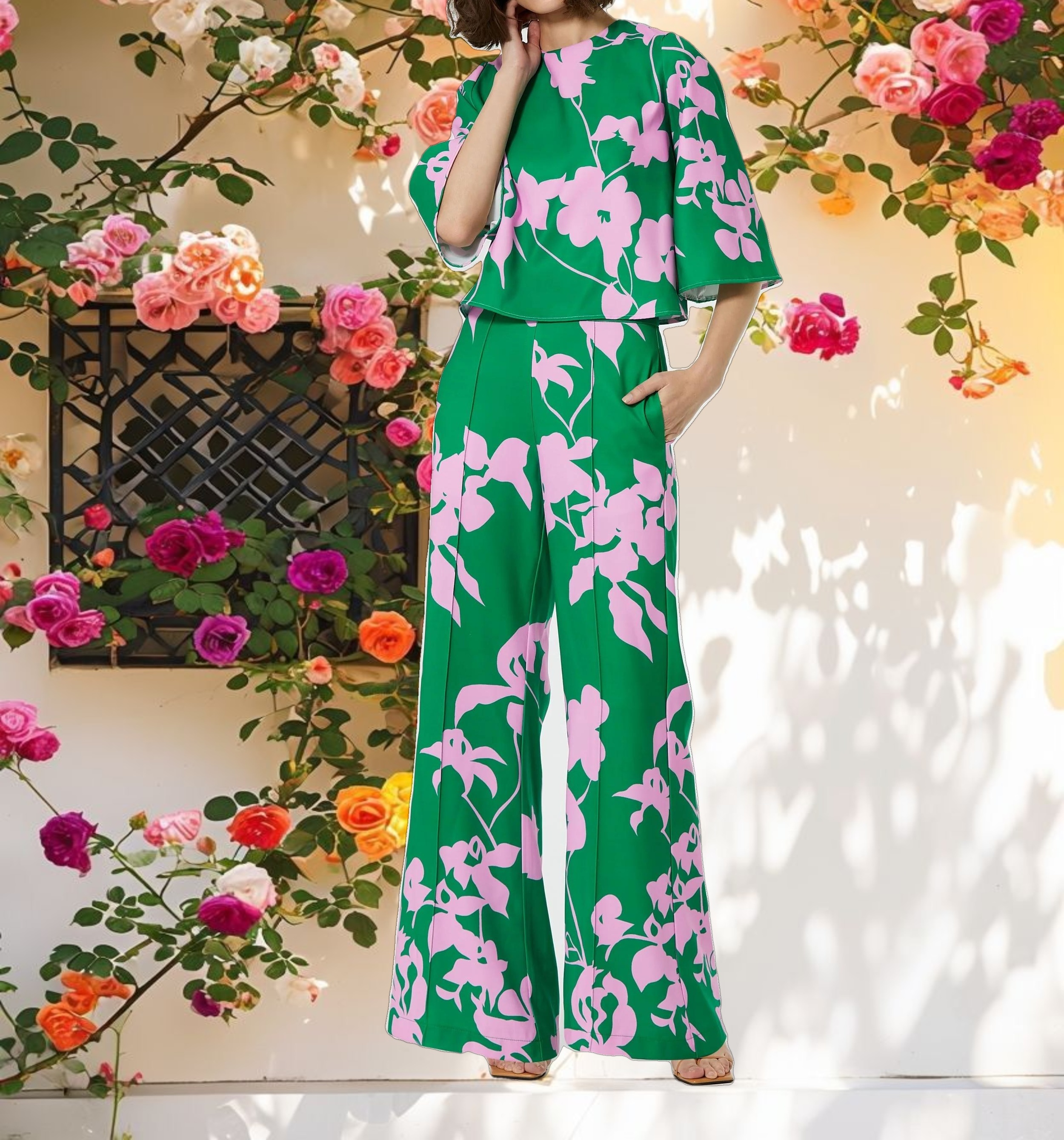 Printed Crepe 3/4 Bell Sleeve High Neck Top - FINAL SALE