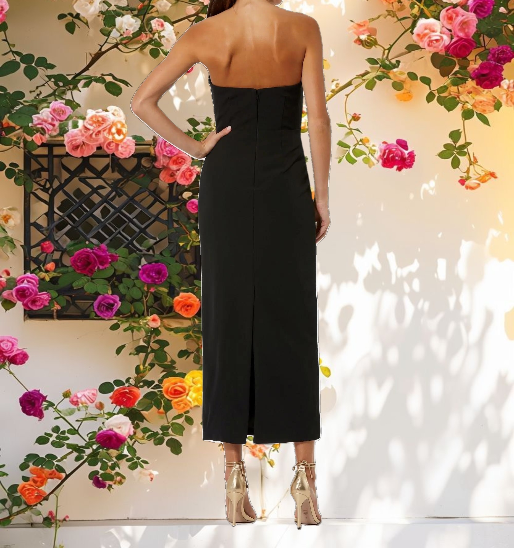 Black Strapless Crepe Ankle Dress With 3D Satin Flowers