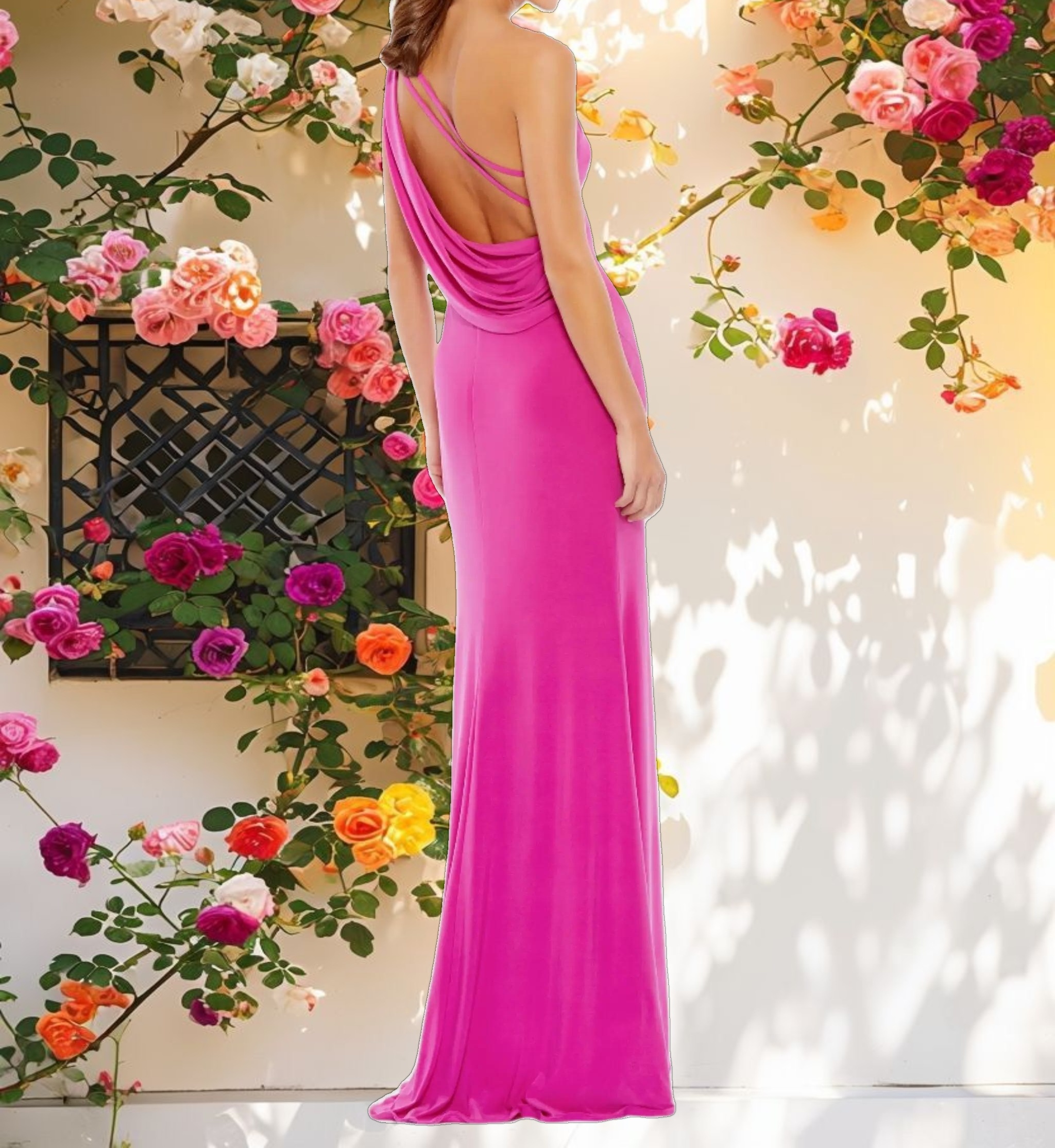 Pink Jersey One Shoulder Draped Back Gown