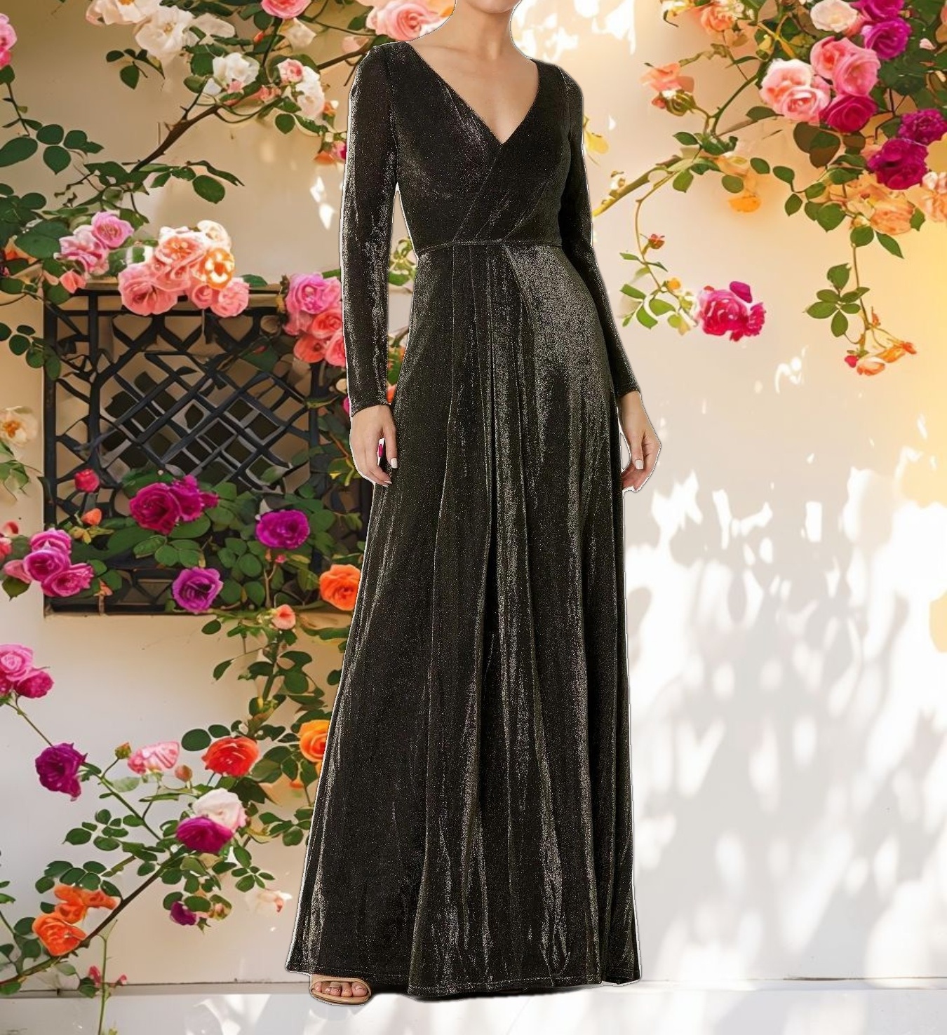 Black Long Sleeve Faux Wrap A Line Gown