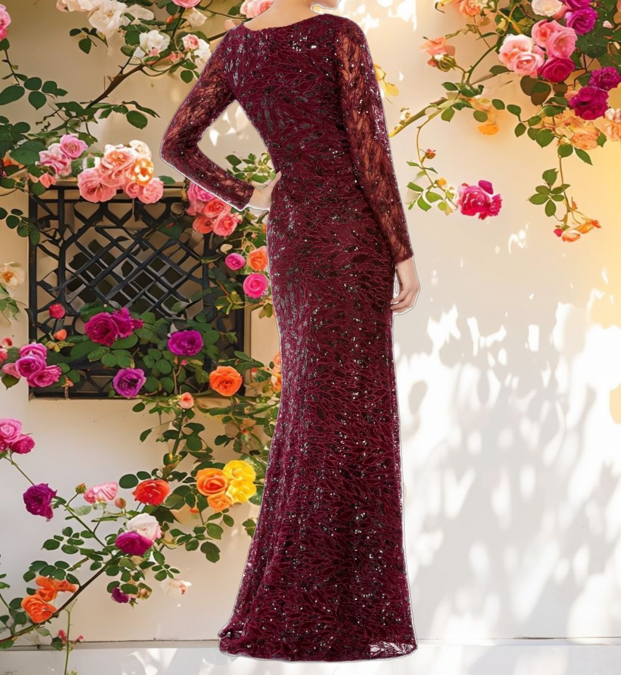 Long Sleeve Ruched Sequined V Neck Gown