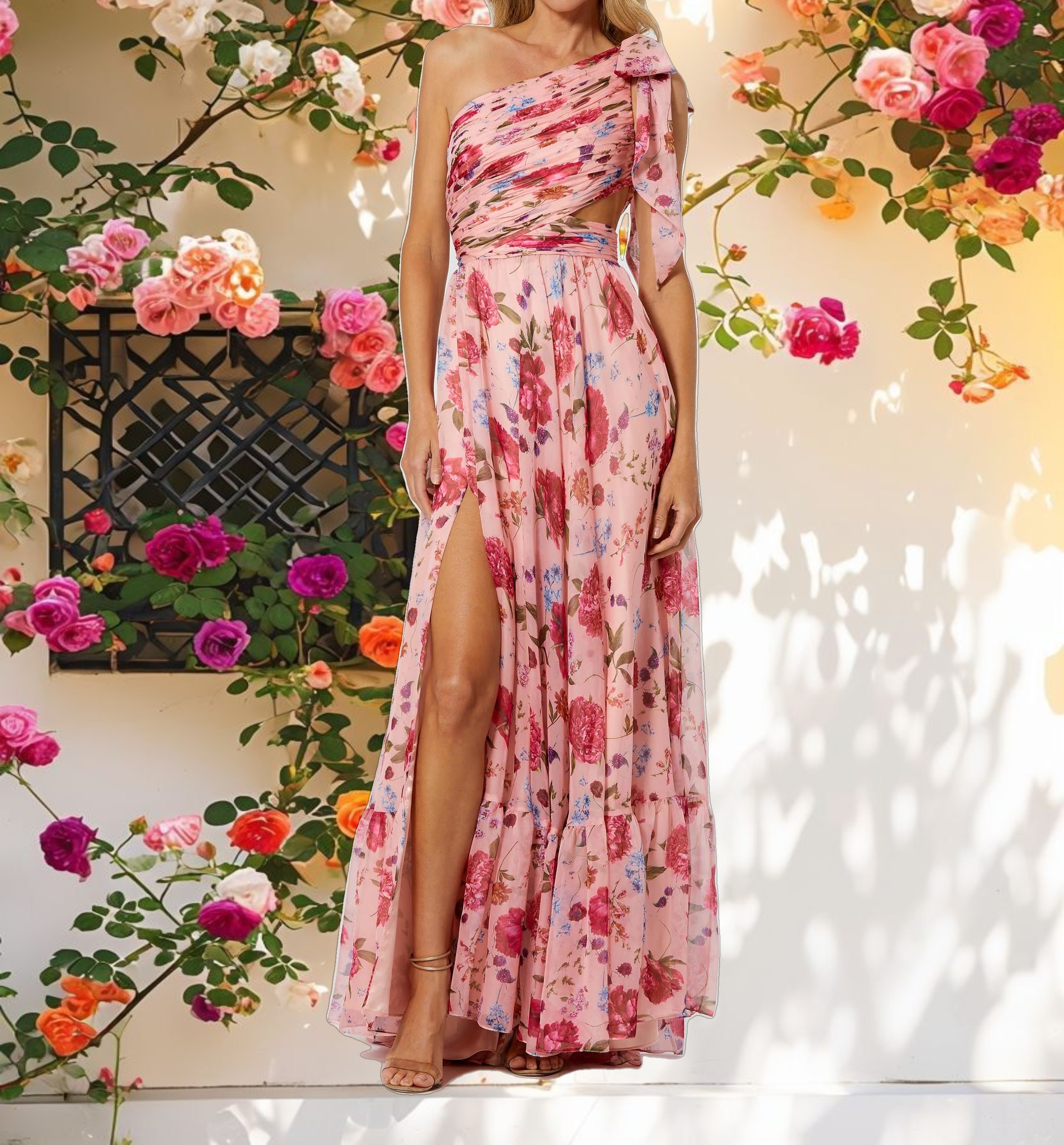 Pink Side Cut Out One Shoulder Gown