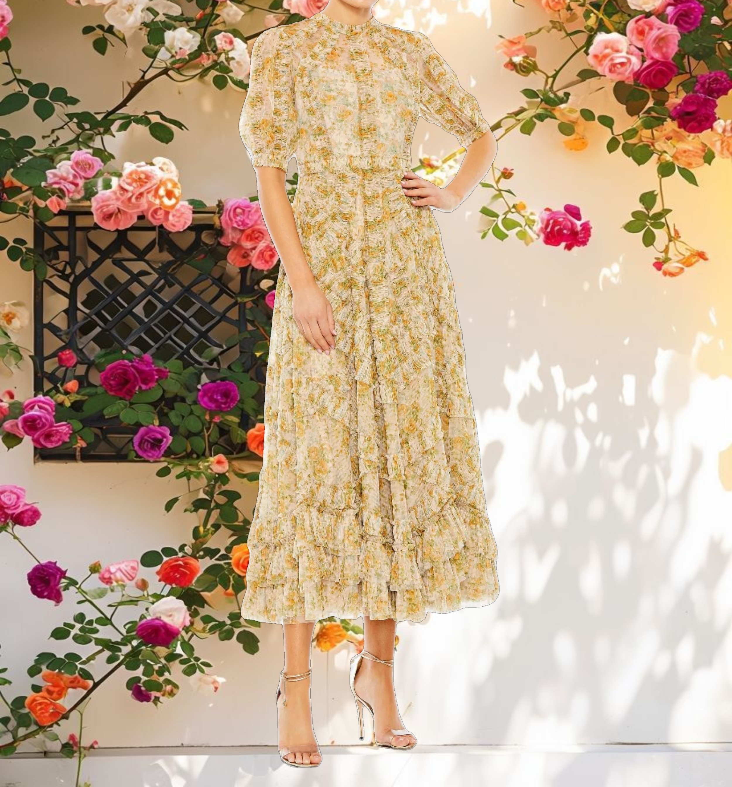 Multicolor Mesh Puff Sleeve Floral Print Dress