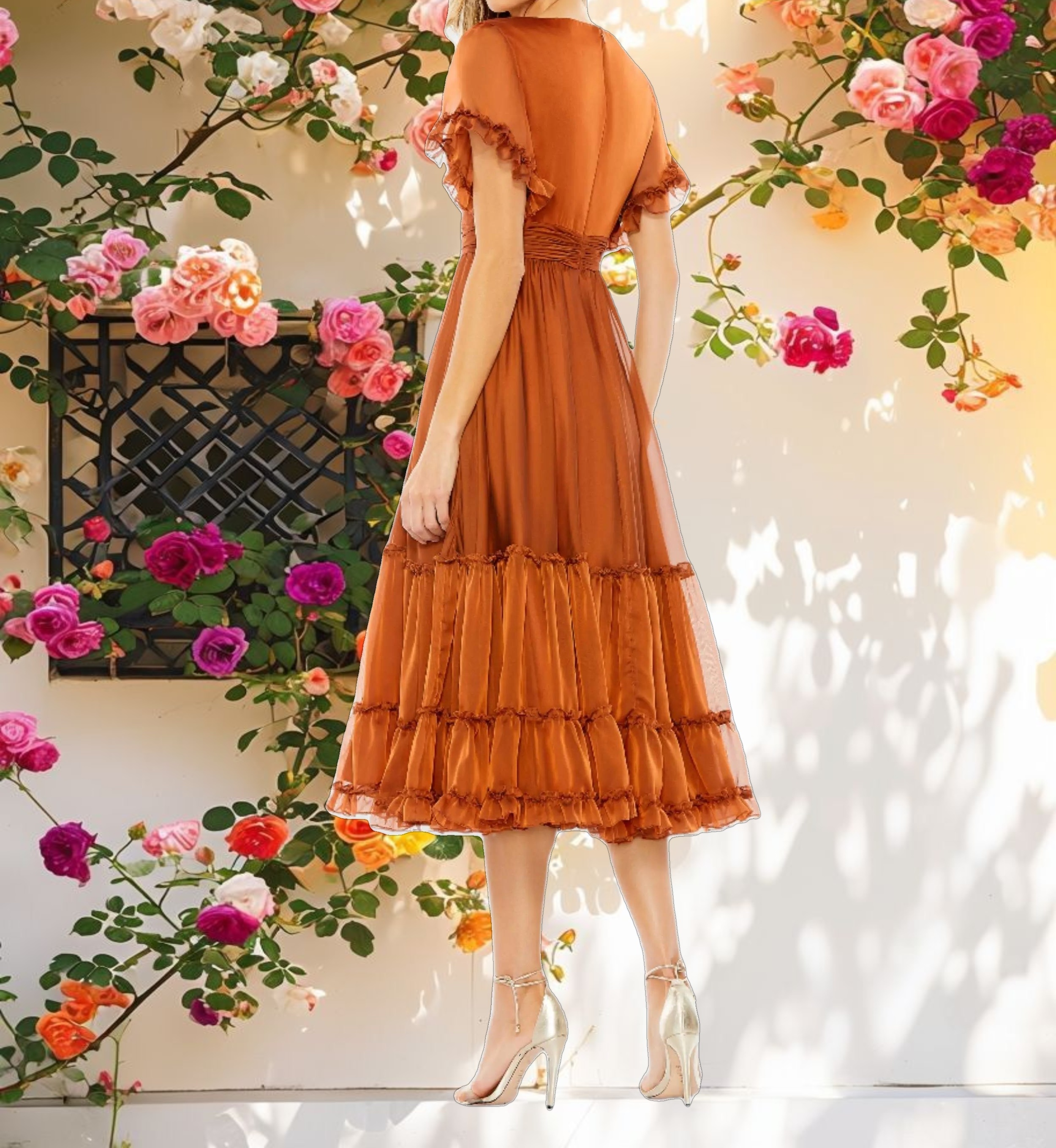 Pink Tea Length Ruffled Dress w/ Sheer Flutter Sleeves