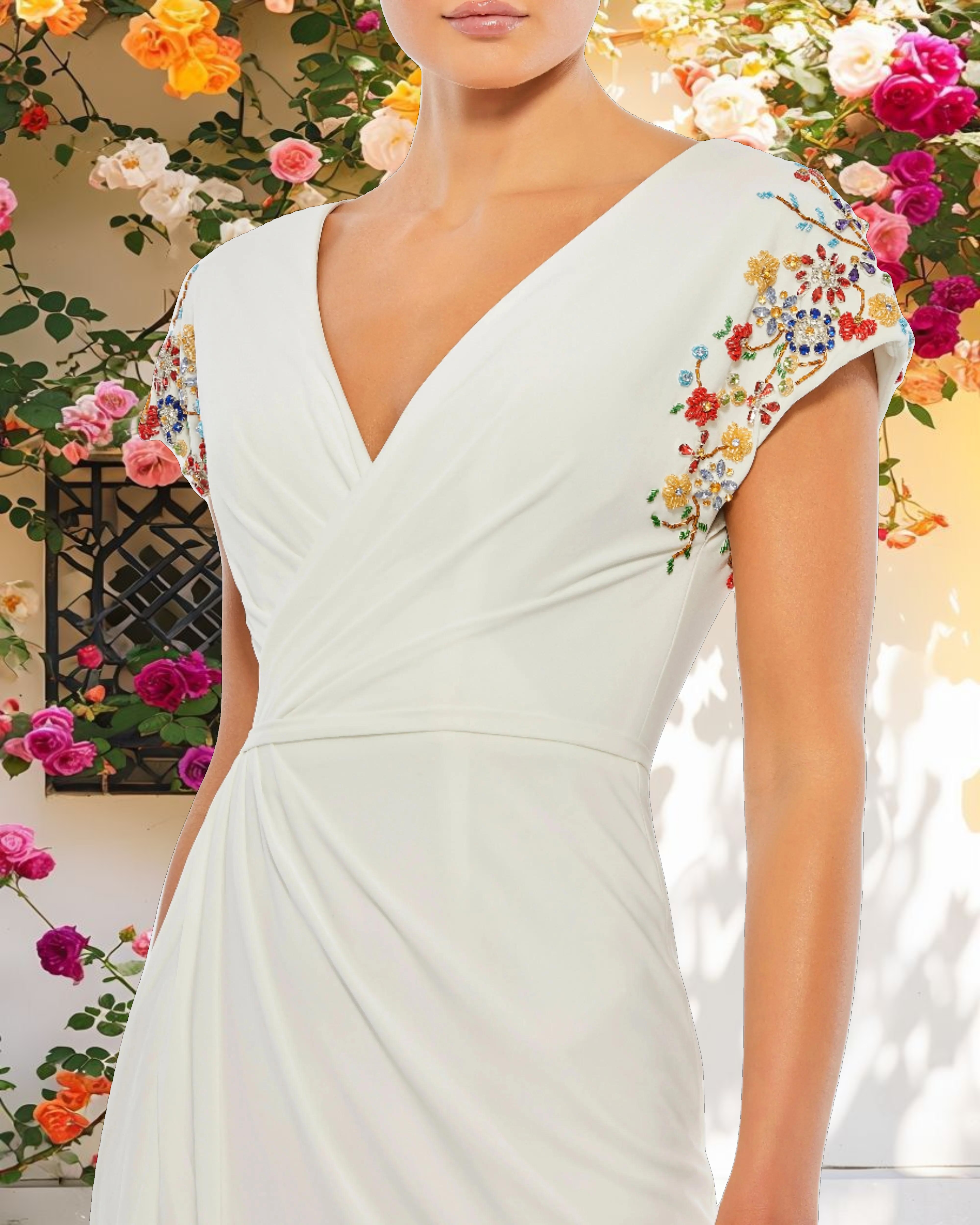 White Embellished Sleeve Jersey Wrap Gown
