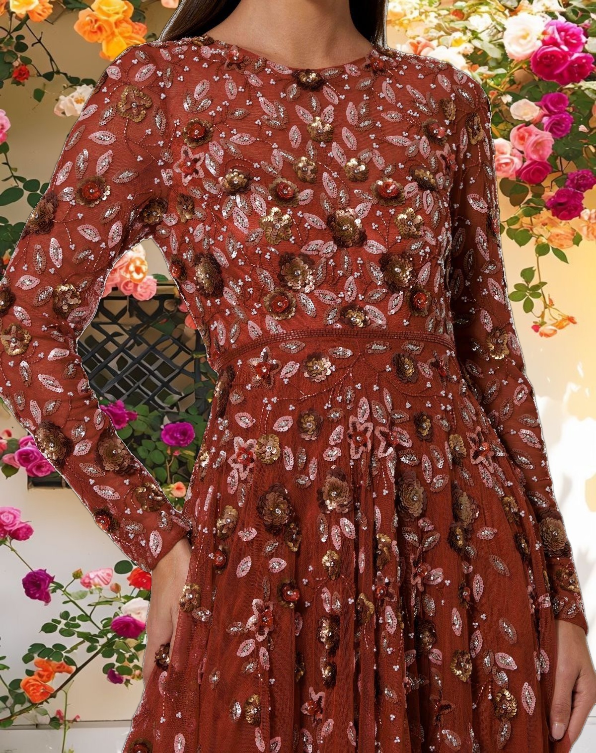 Studded High Neck Long Sleeve A Line Dress