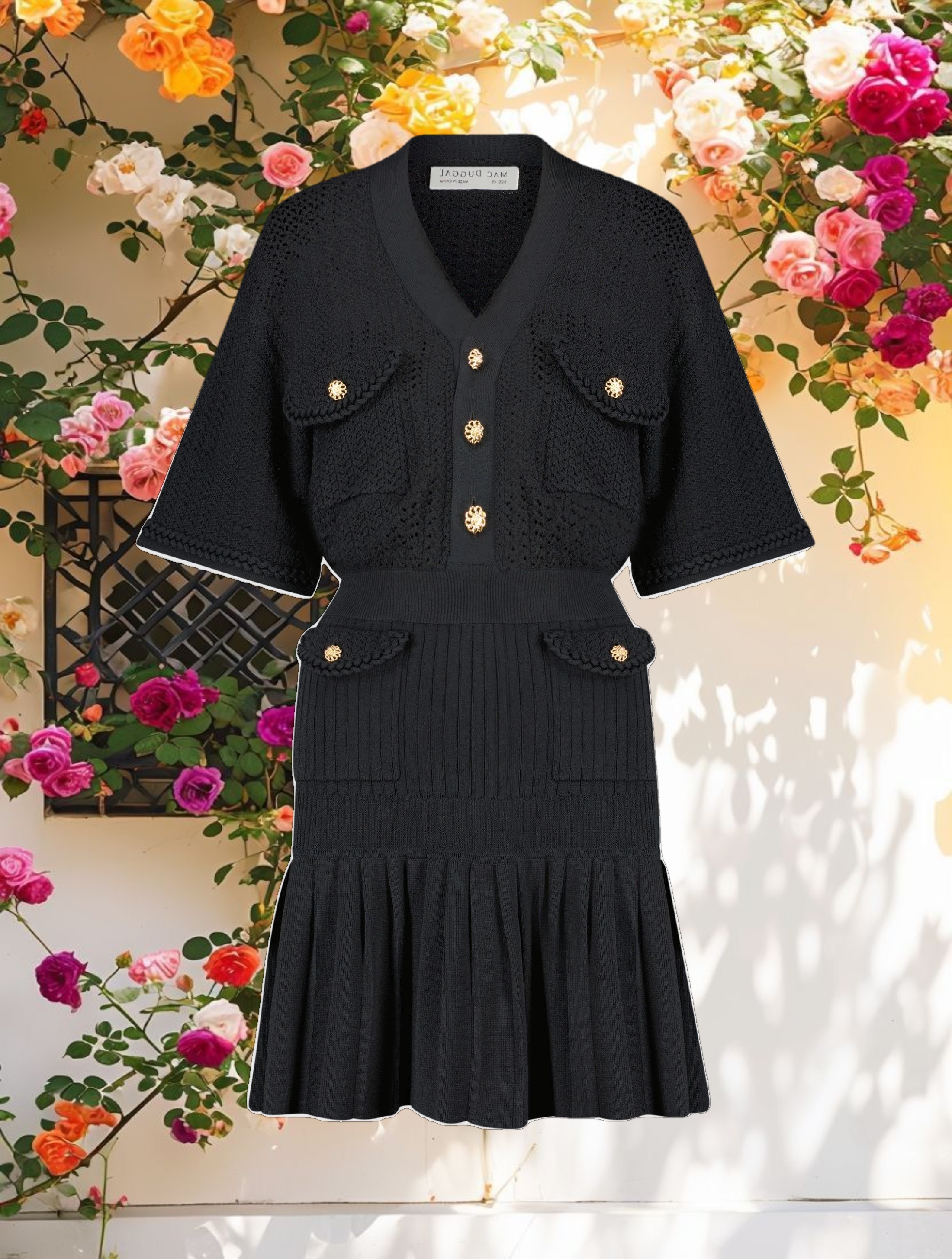 Short Sleeve Button Front Knit Dress with Pleated Hem