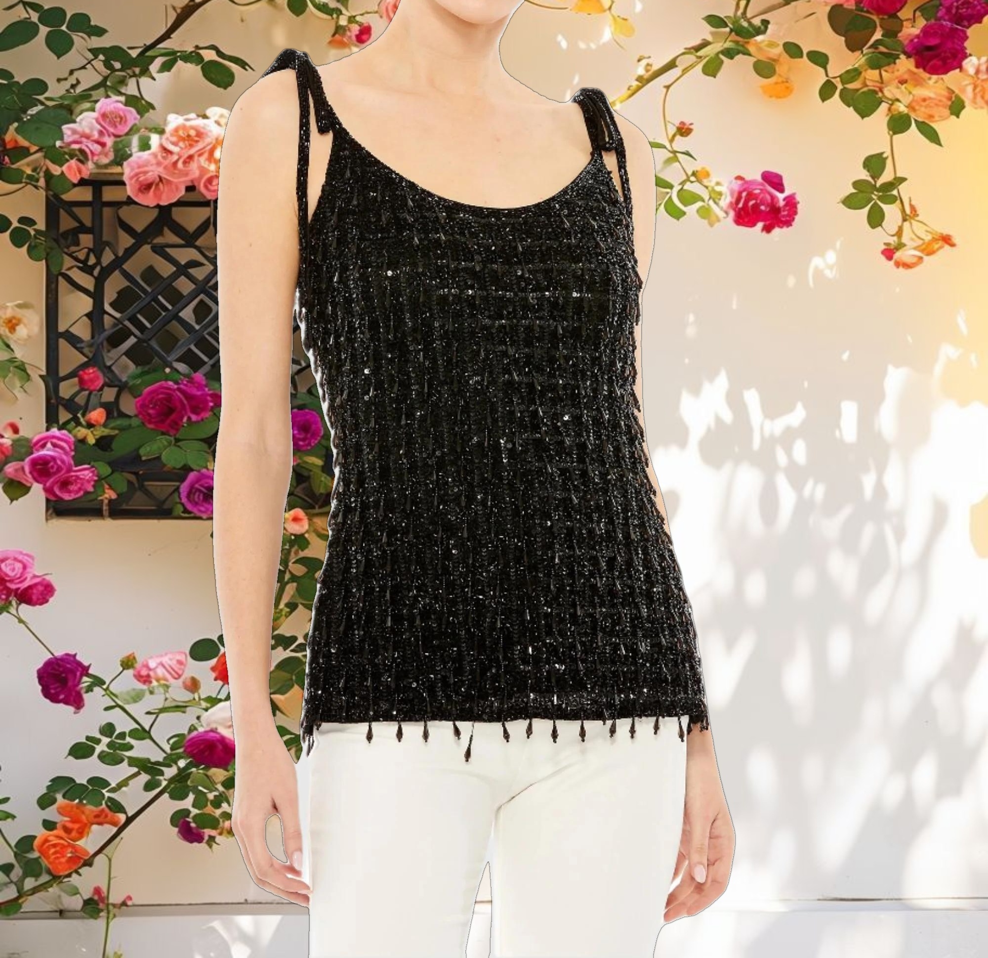 Black Crystal Embellished Soft Tie Cami Top - FINAL SALE