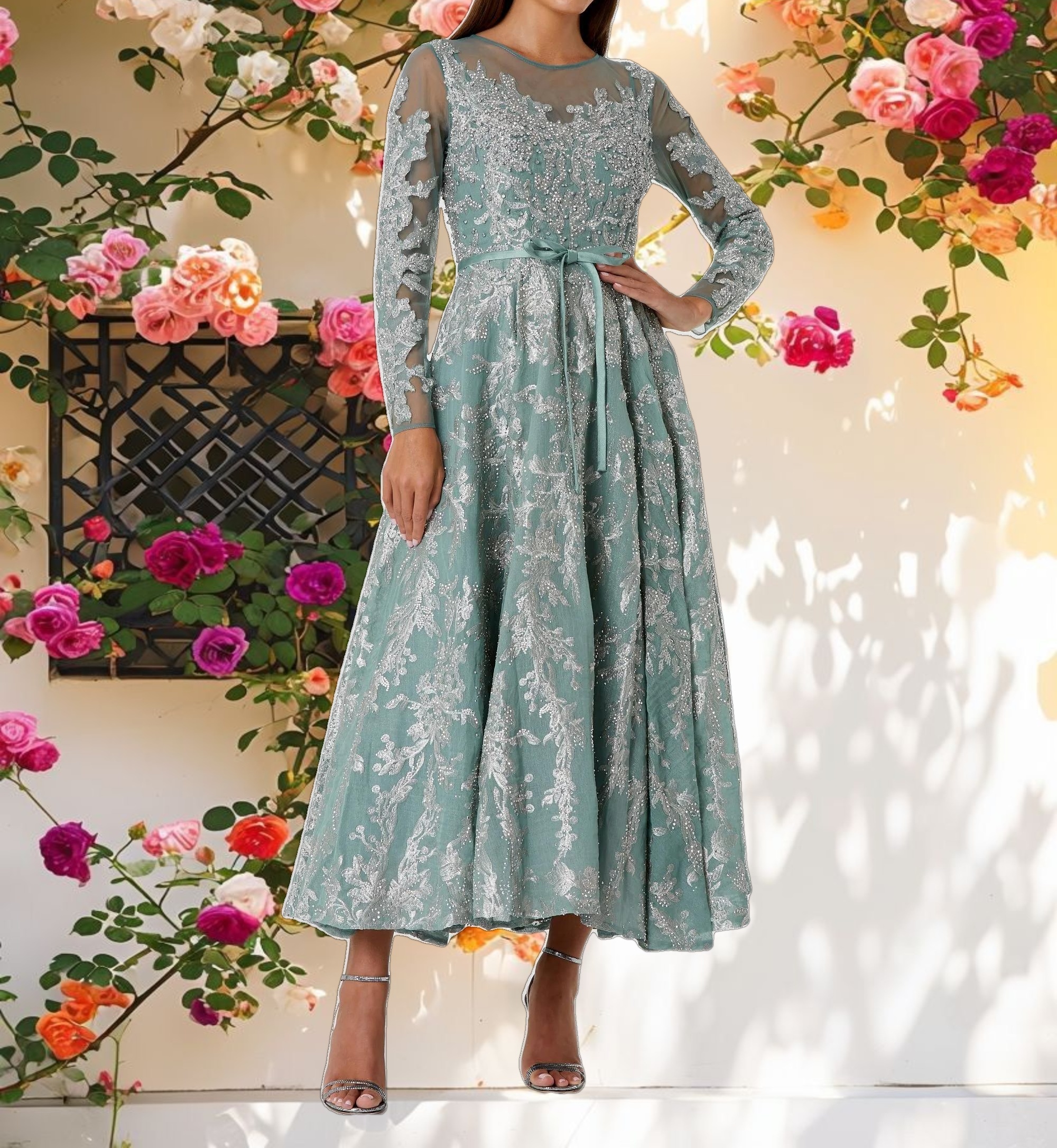 Embellished Bow Belt Illusion Long Sleeve A Line Dress