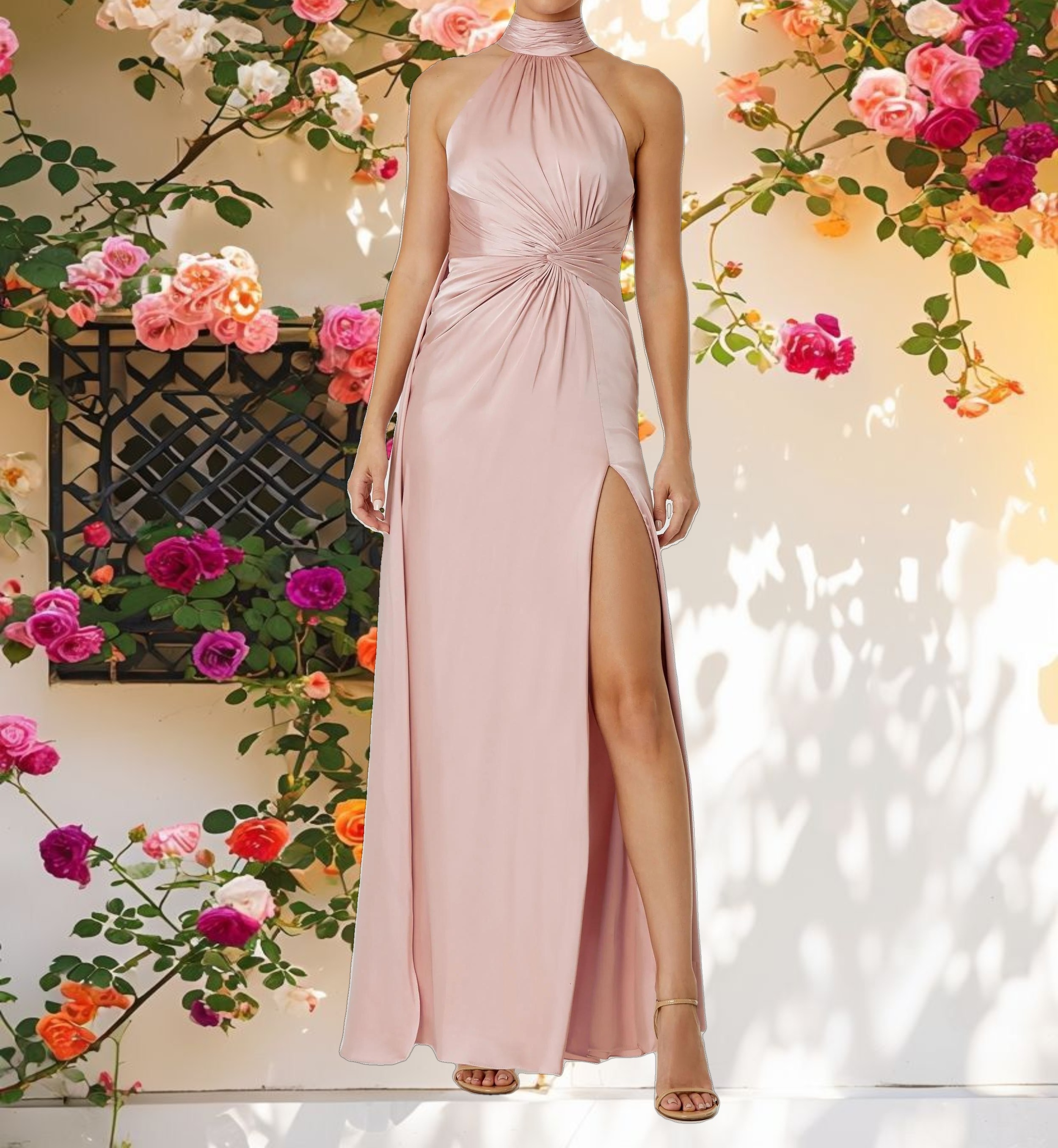 Pink Open Back High Neck Side Ruched Gown
