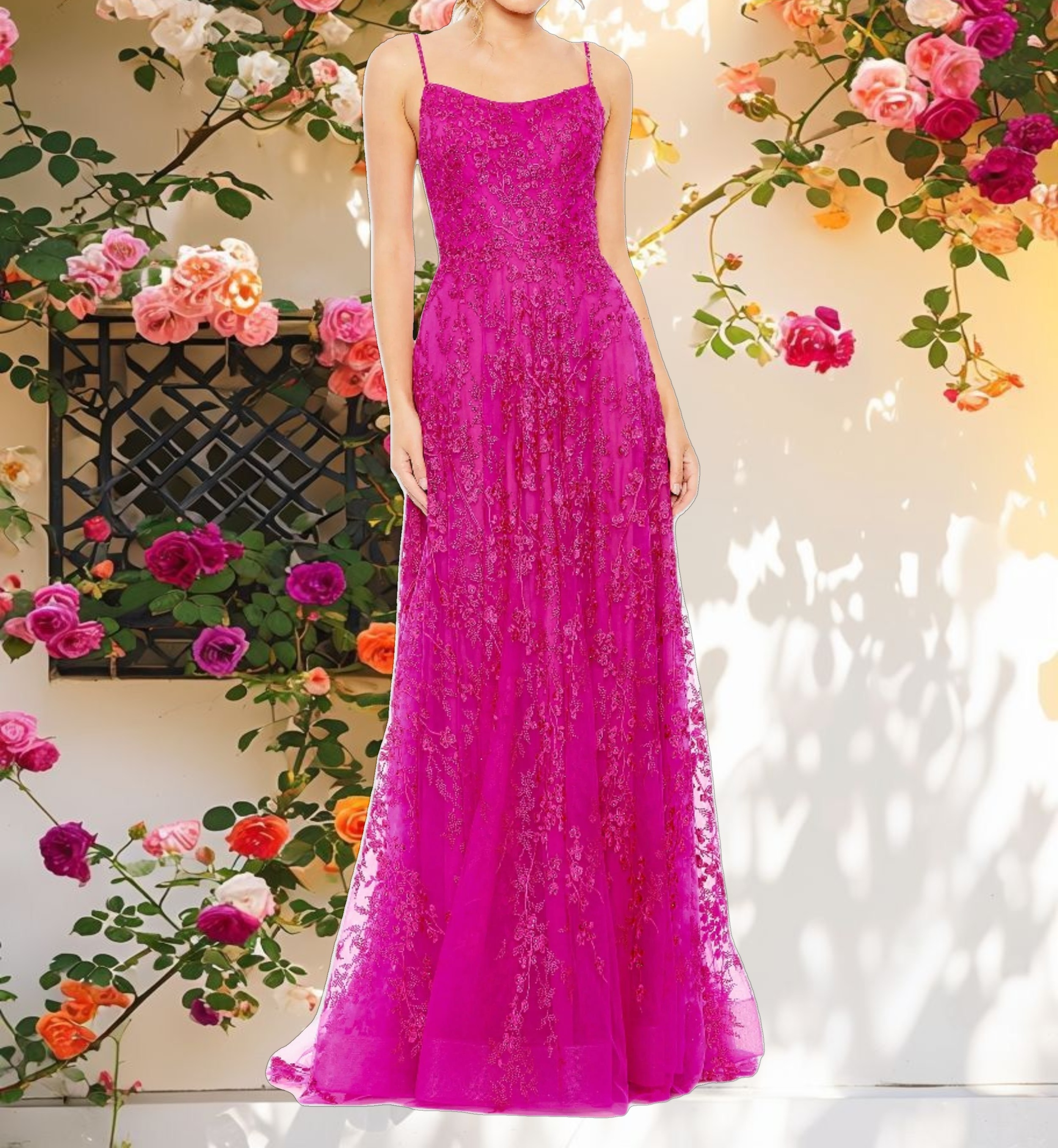Floral Applique Cami A Line Gown