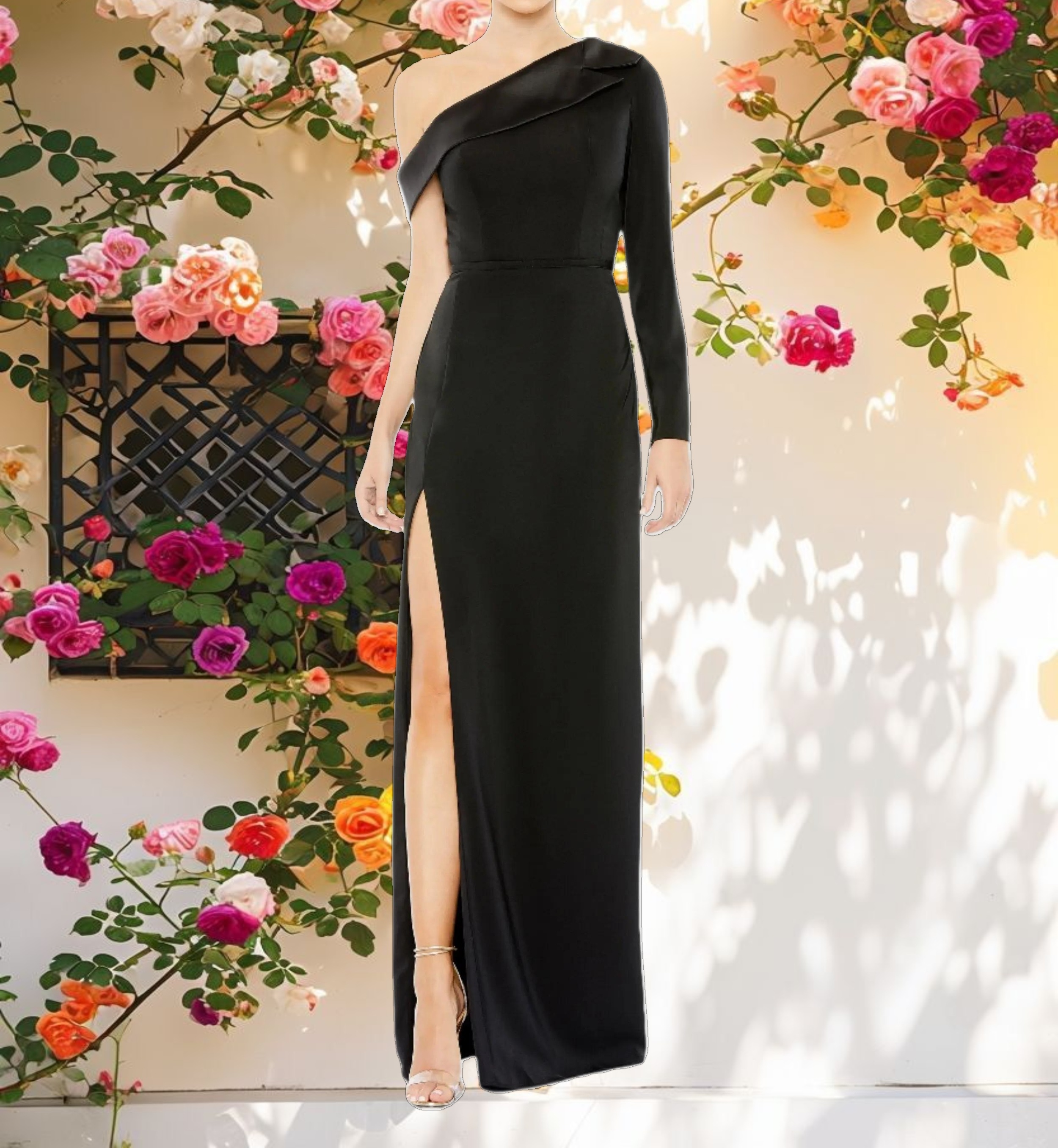 Black Long Sleeve Drop Shoulder Evening Gown