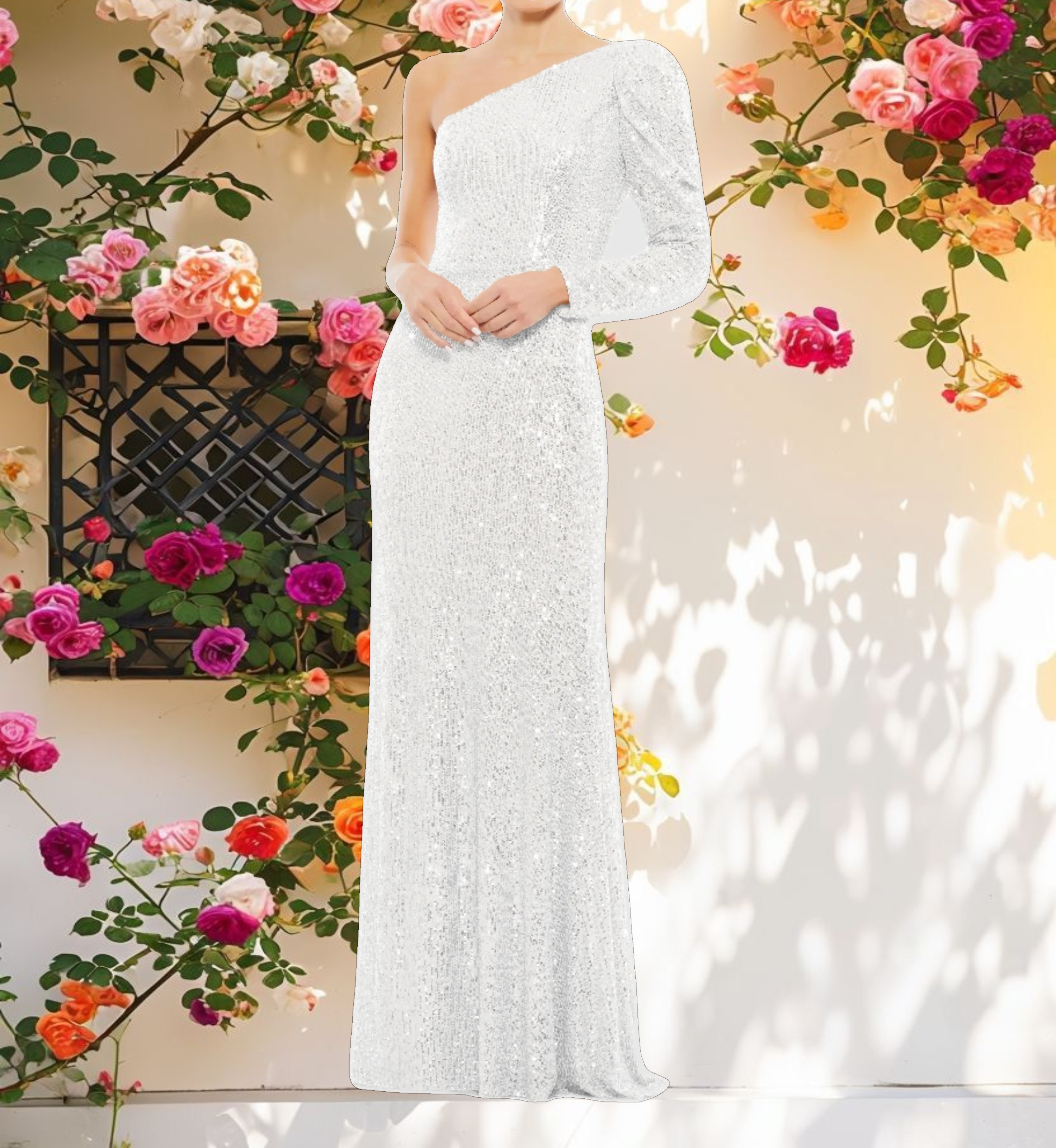 White Sequined One Shoulder Trumpet Gown