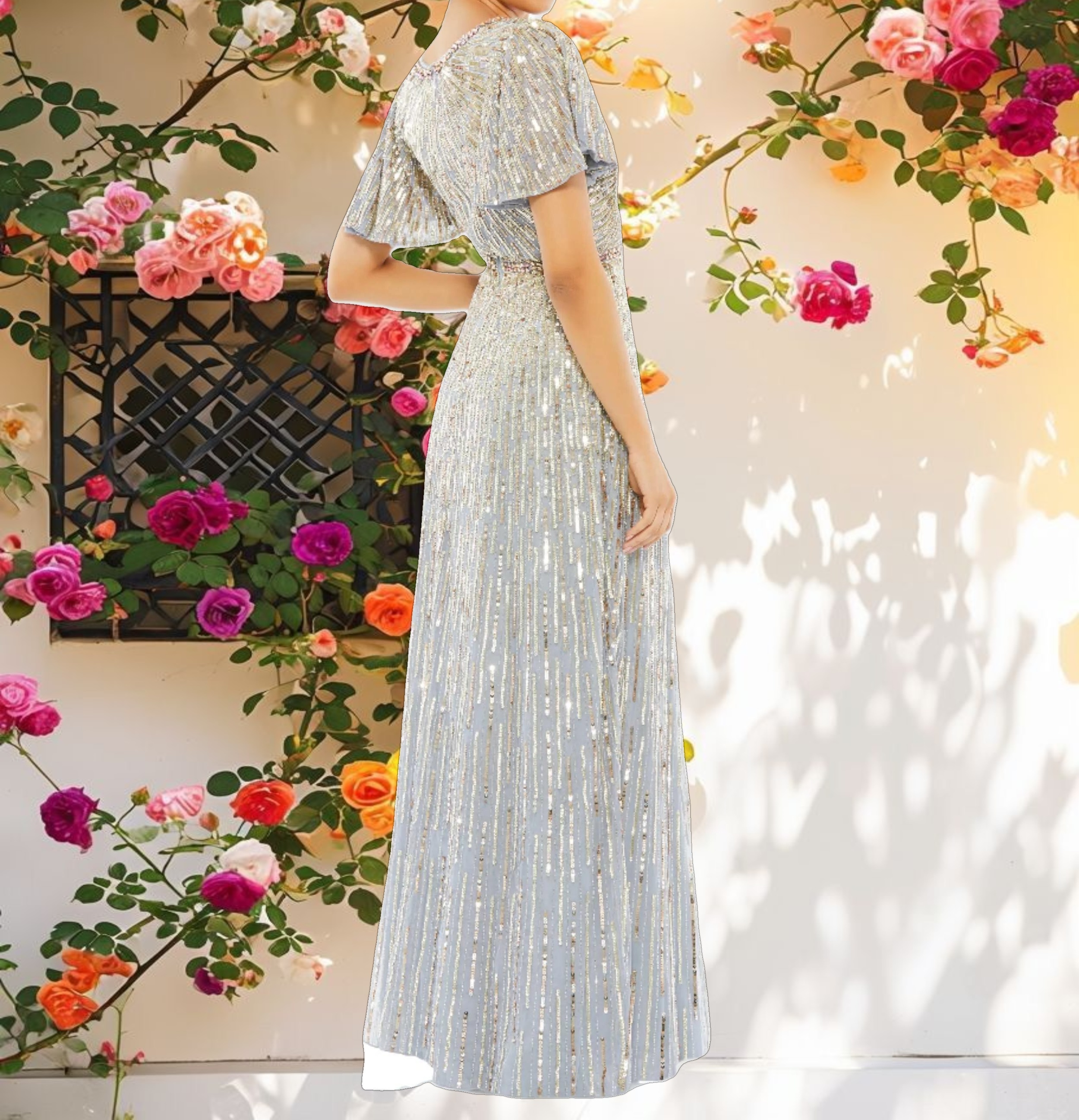 Silver Embellished V Neck Butterfly Sleeve Column Gown