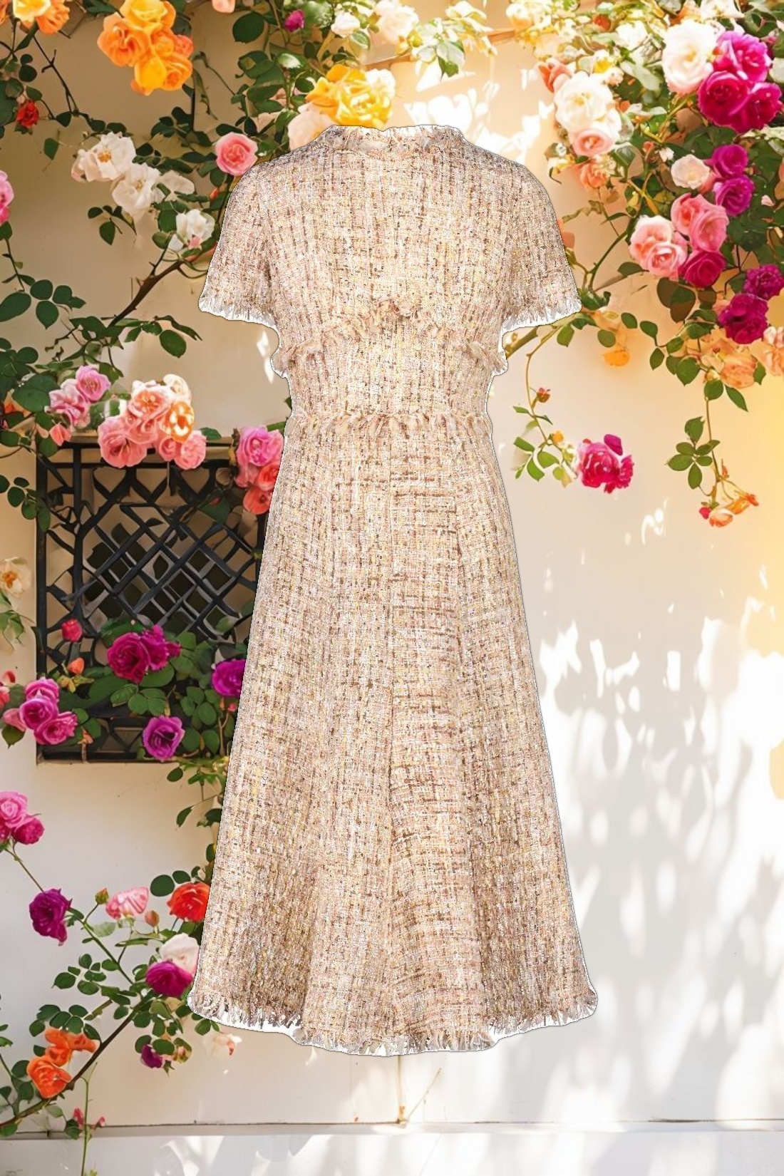 Beige Boucle Short Sleeve A Line Midi Dress