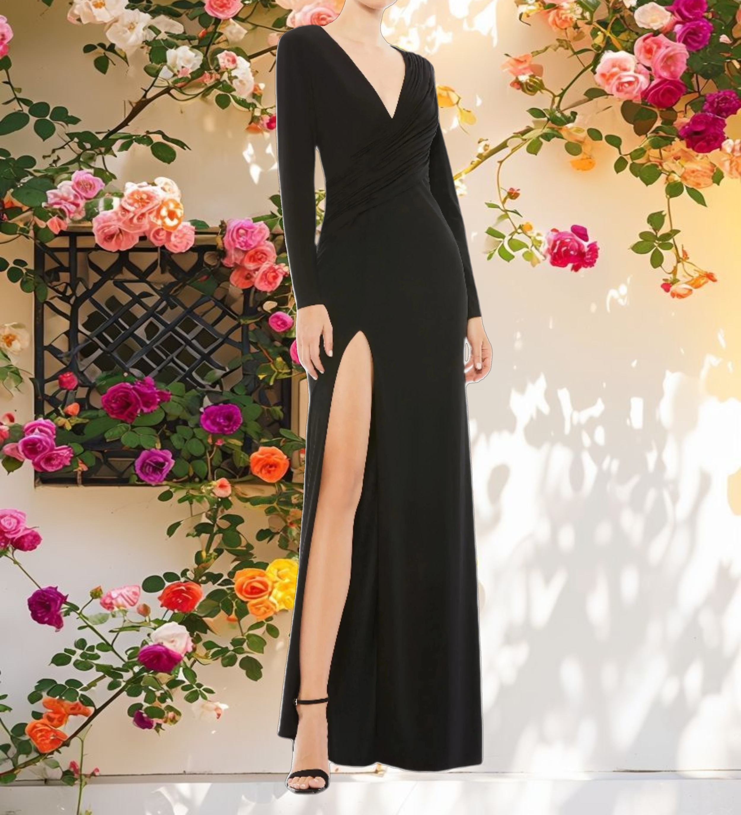 Black Long Sleeve Asymmetrical Ruched Gown