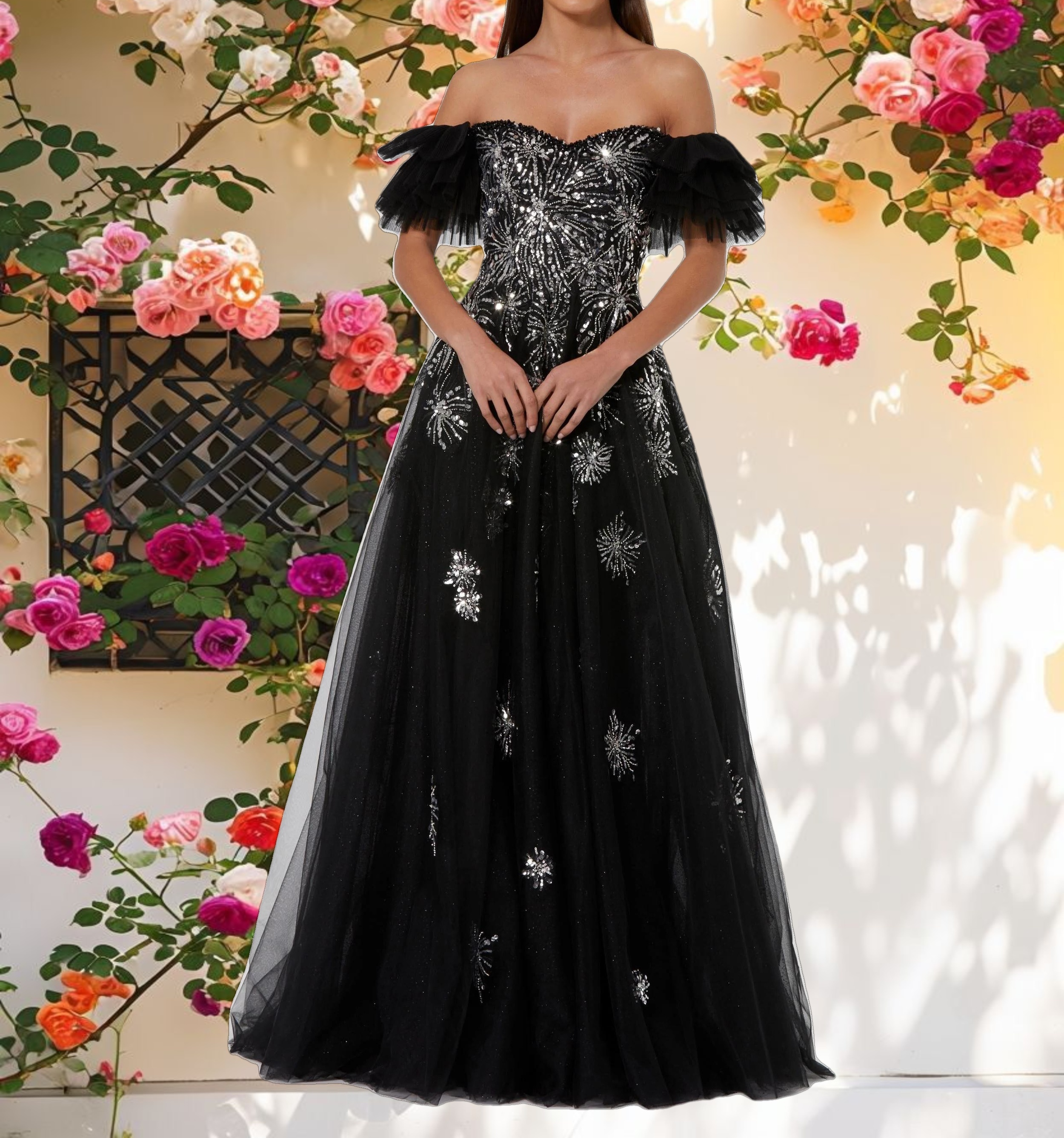 Tulle Off The Shoulder Gown With Sequin Details