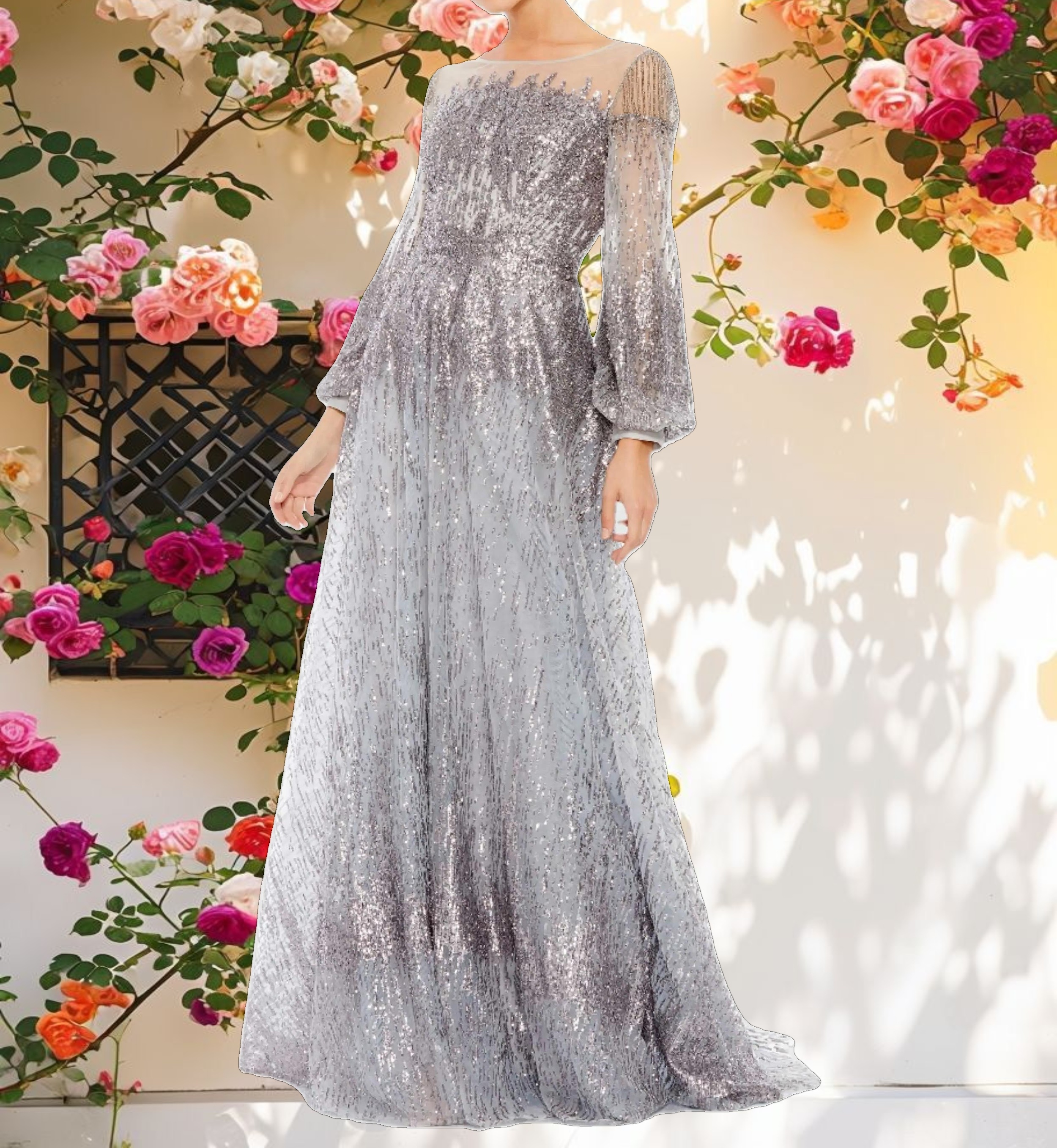 Shimmered Fantasy Long Sleeve A Line Dress