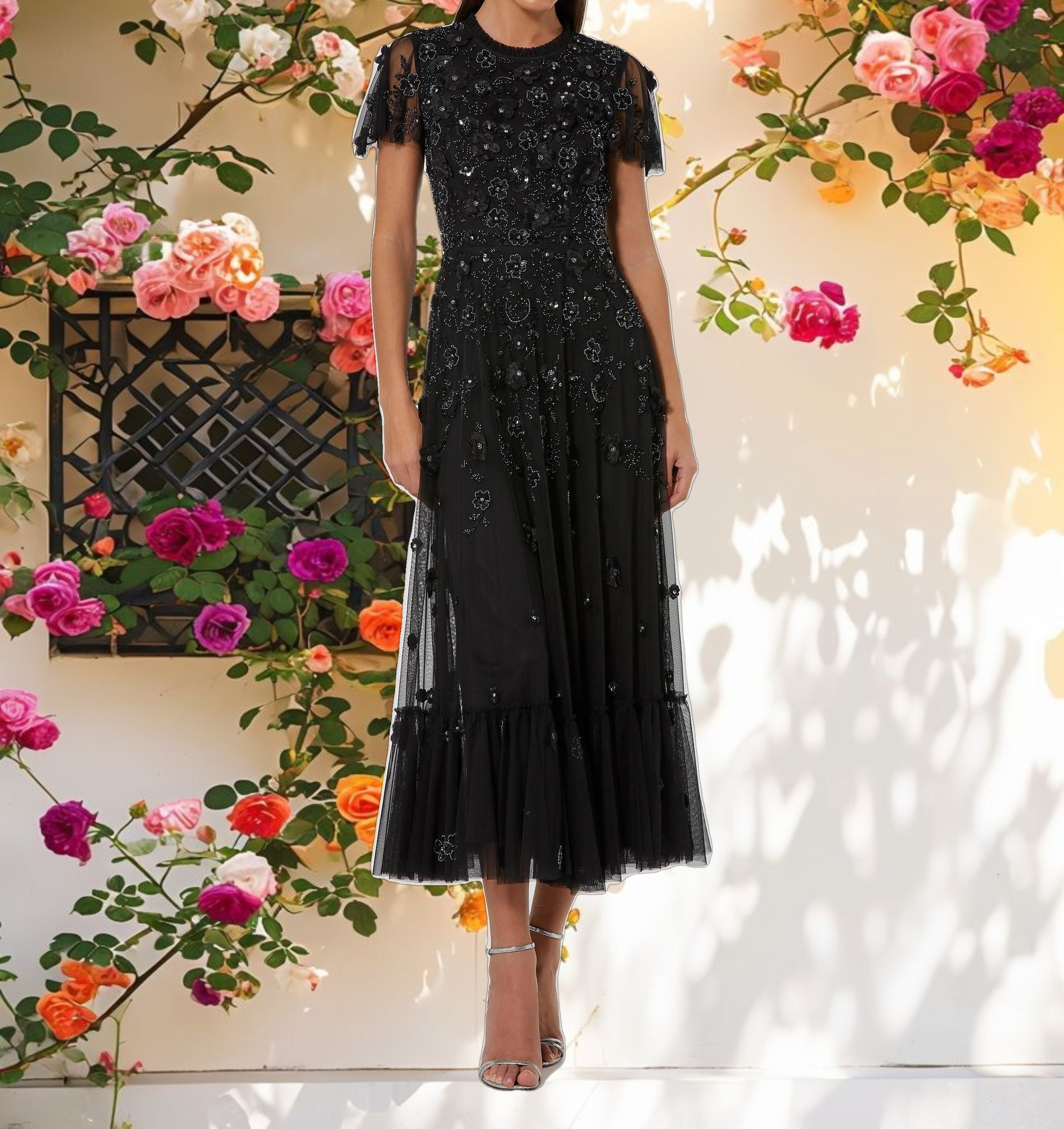 Studded High Neck Cap Sleeve A Line Dress