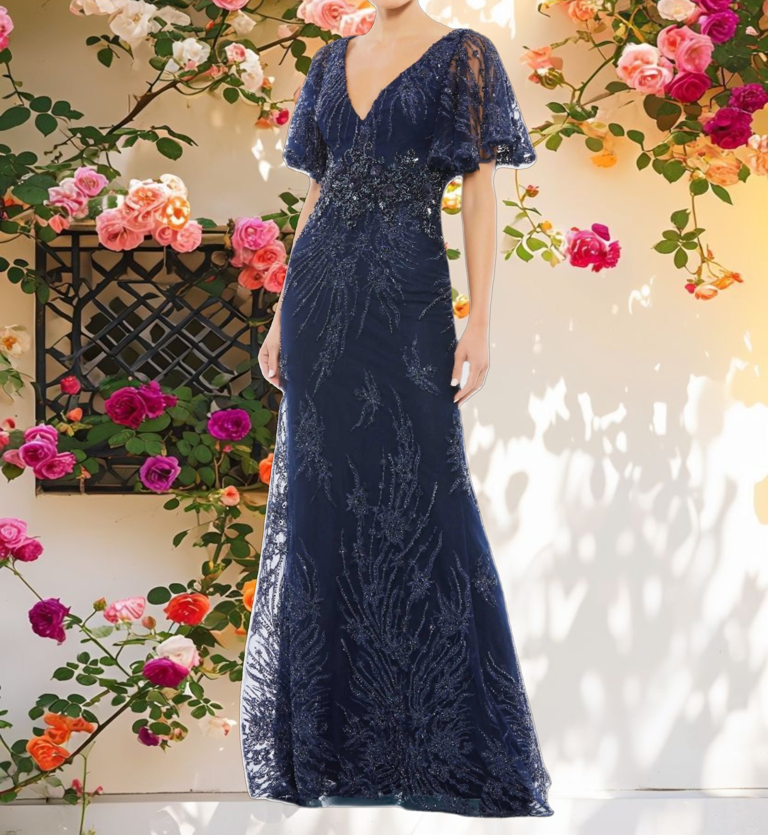 Vintage Flutter Sleeve Evening Gown