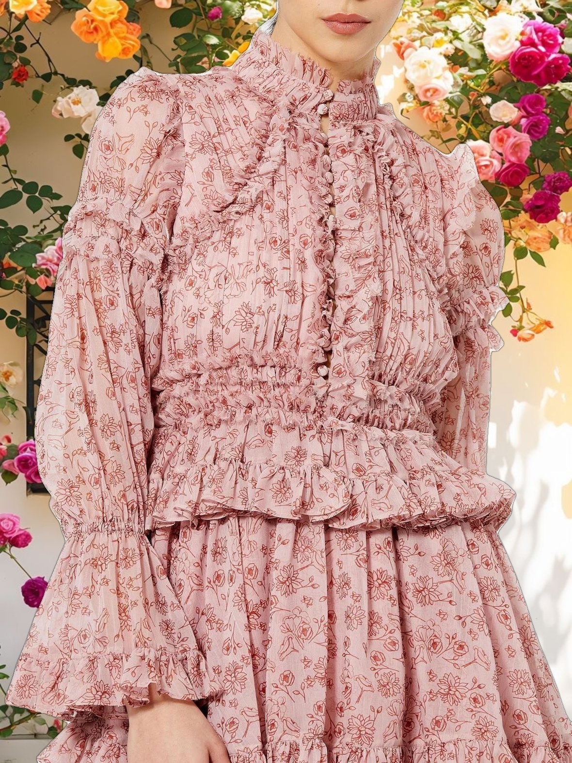 Pink Long Sleeve Open Front High Neck Ruffle Mini Dress