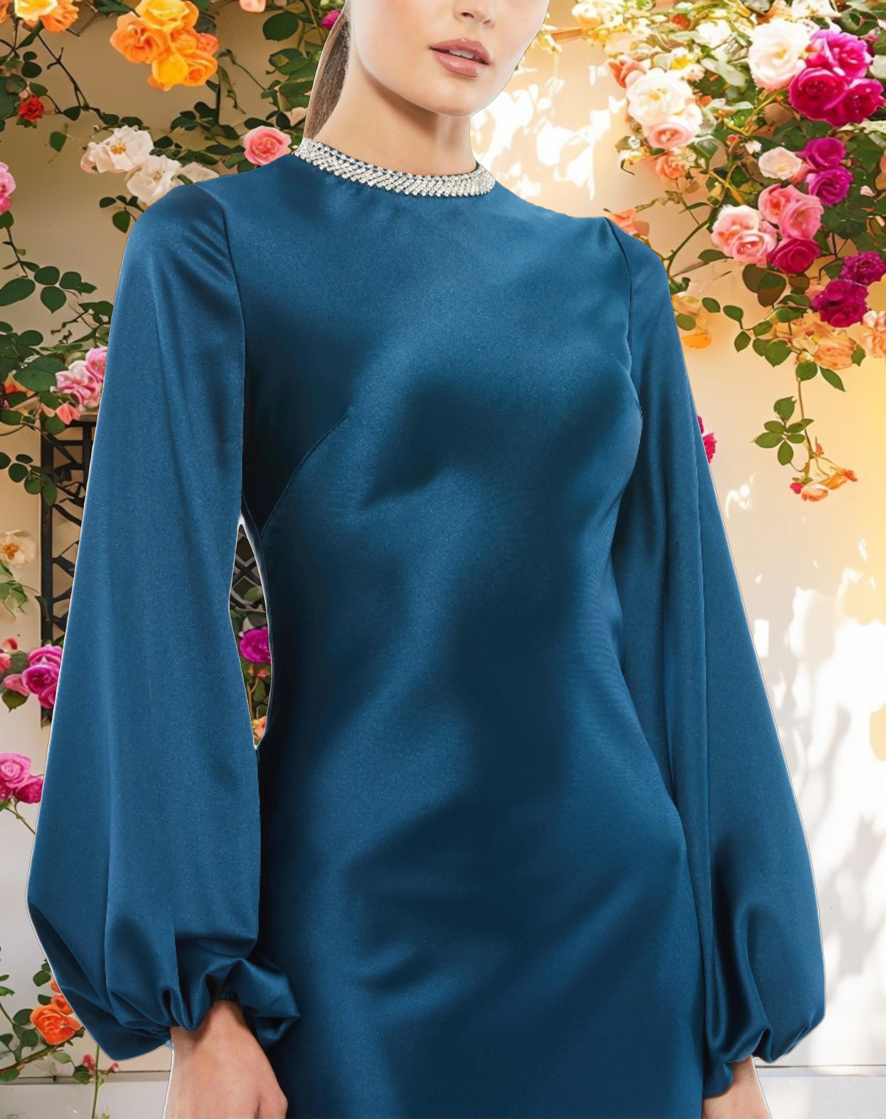 Blue Beaded High Neck Bishop Sleeve Satin Gown