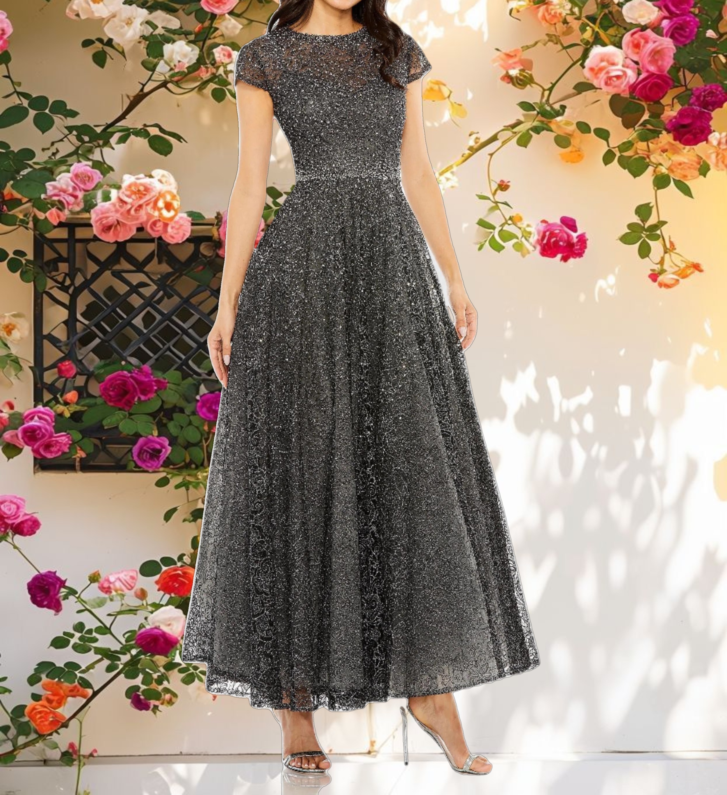 Embellished Cap Sleeve A Line Dress