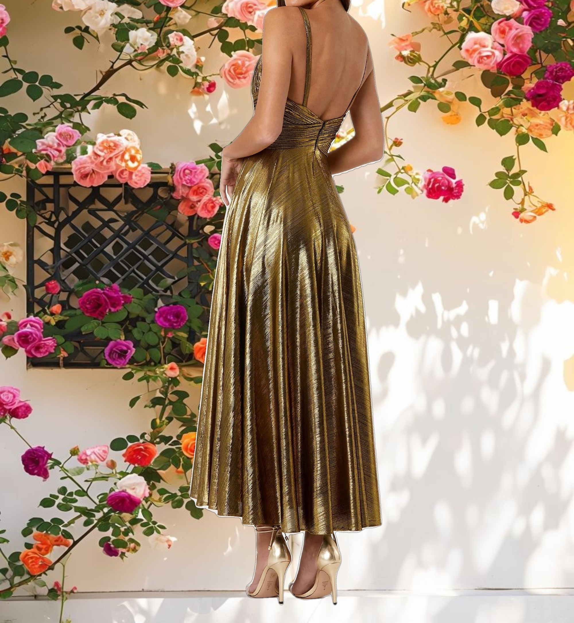 Gold Pleated V Neck Top