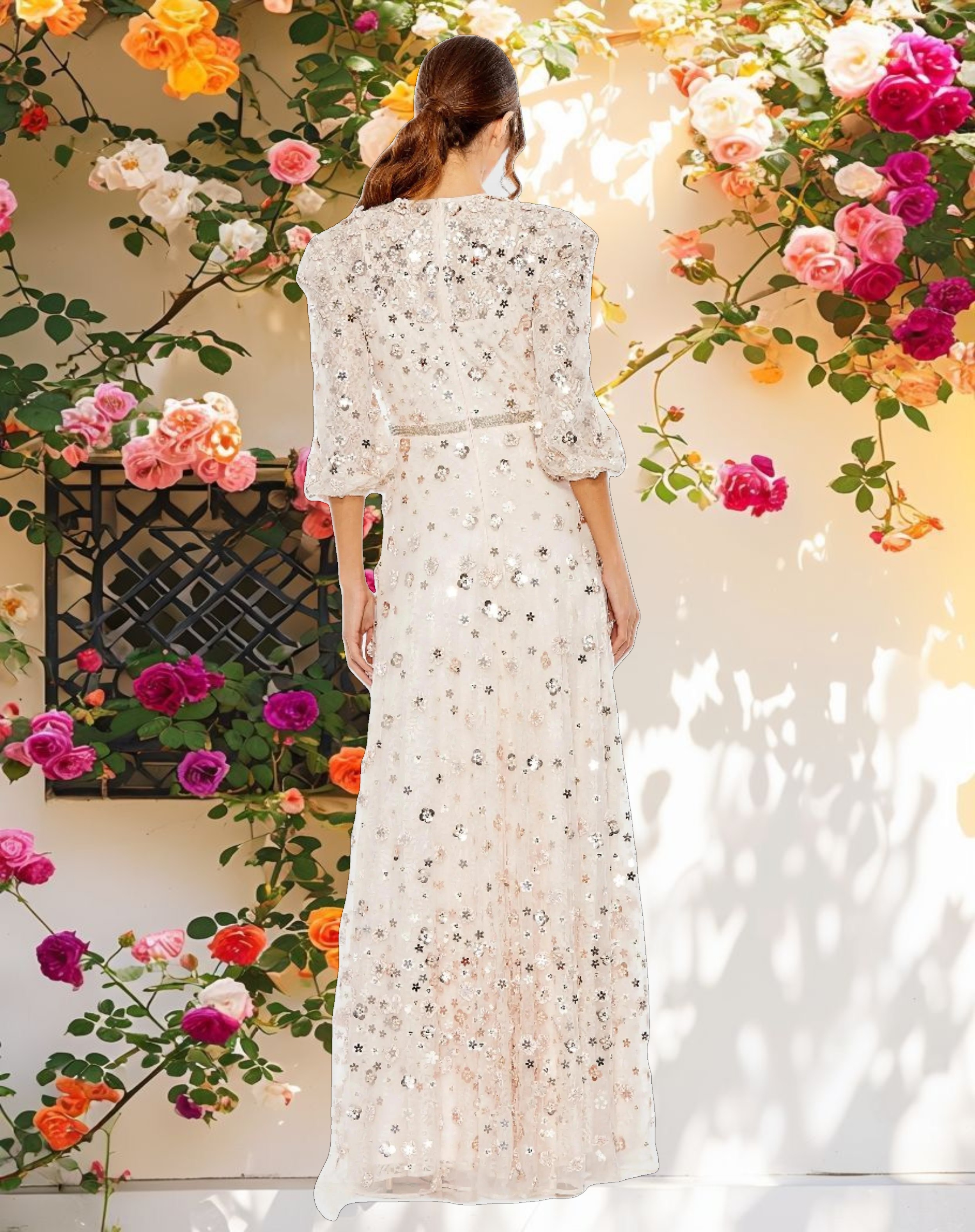 Pink Floral Applique Puff Sleeve High Neck A Line Gown