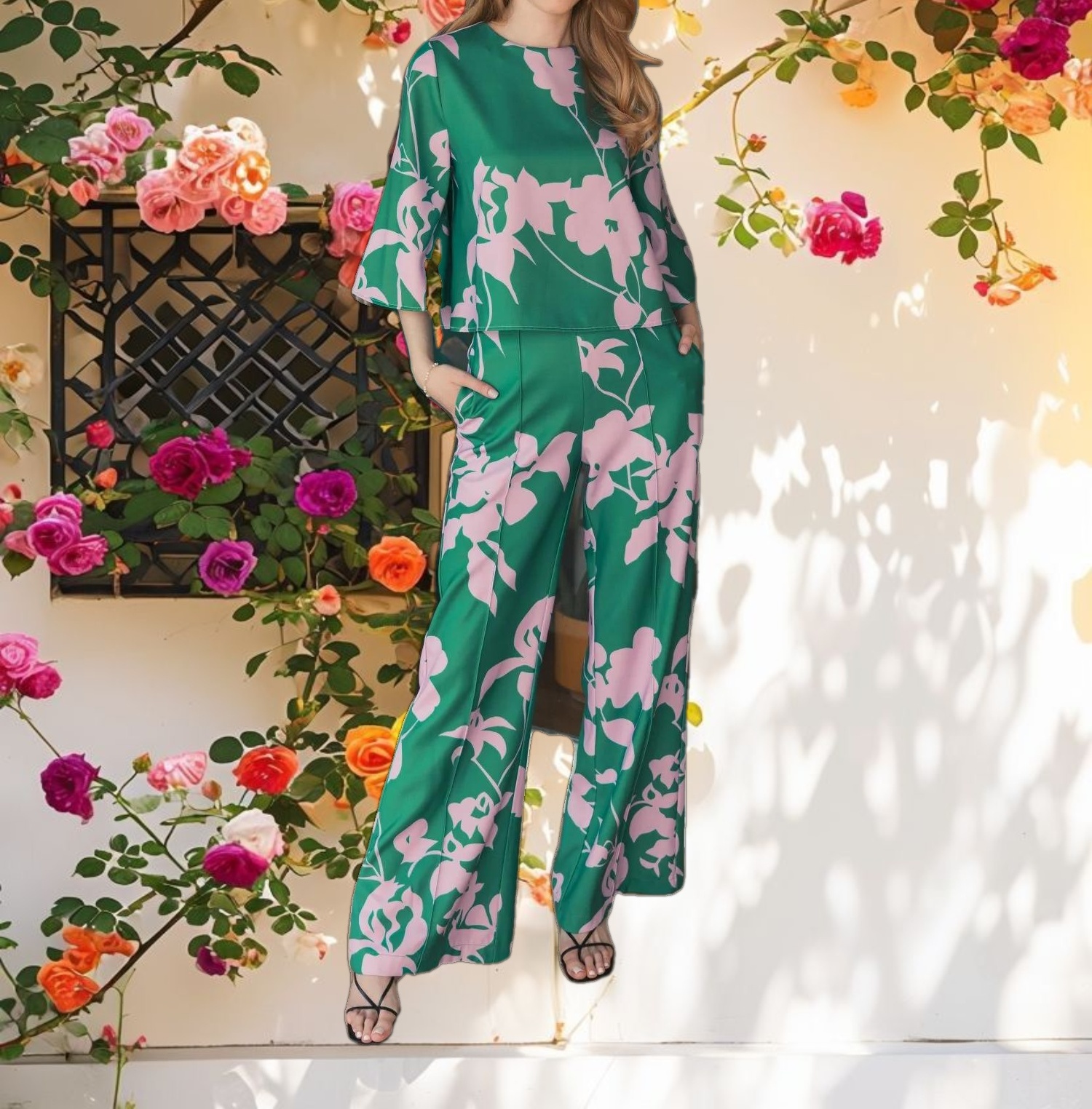 Printed Crepe 3/4 Bell Sleeve High Neck Top - FINAL SALE