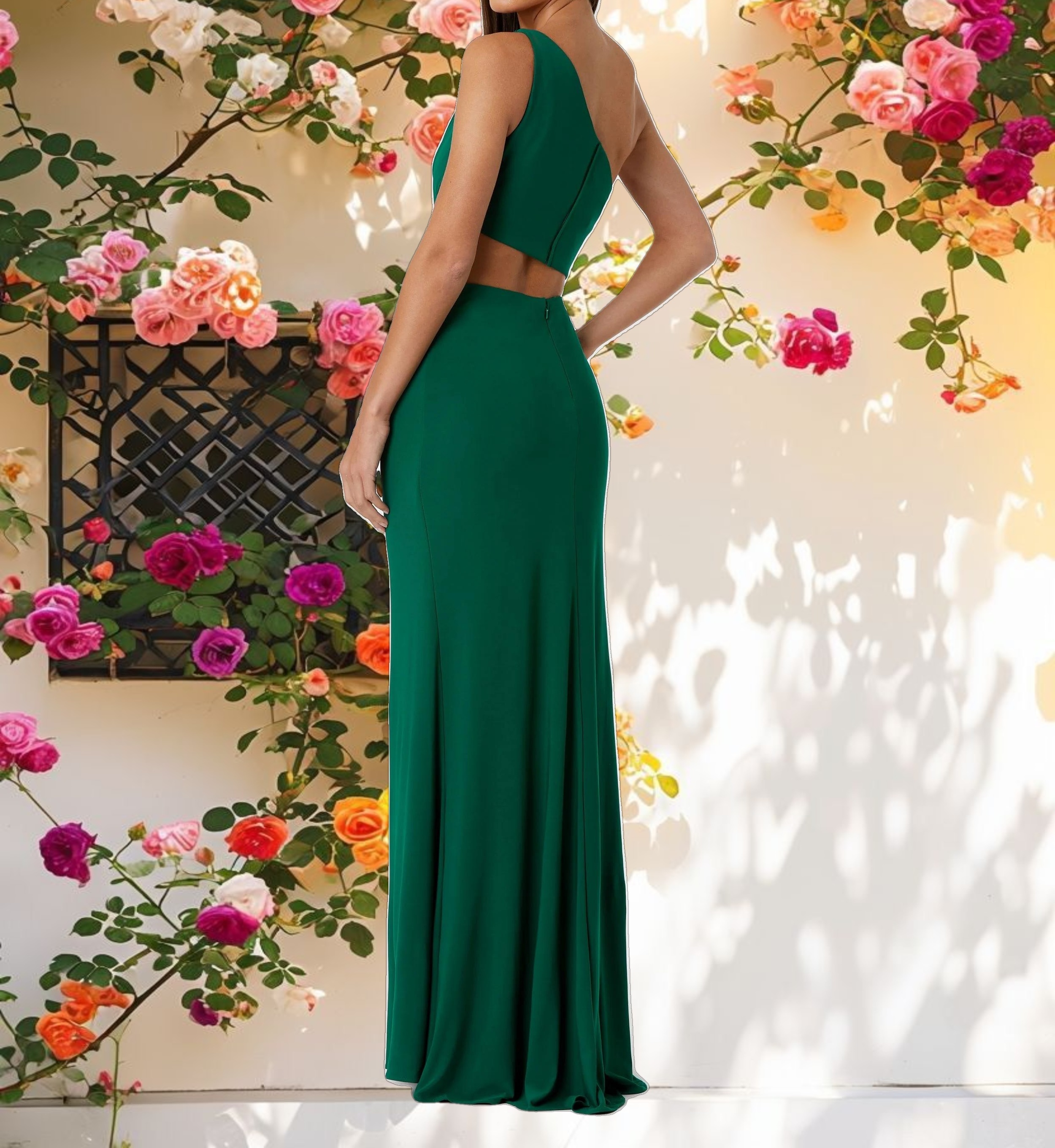 Green One Shoulder Ruched Cut Out Jersey Gown